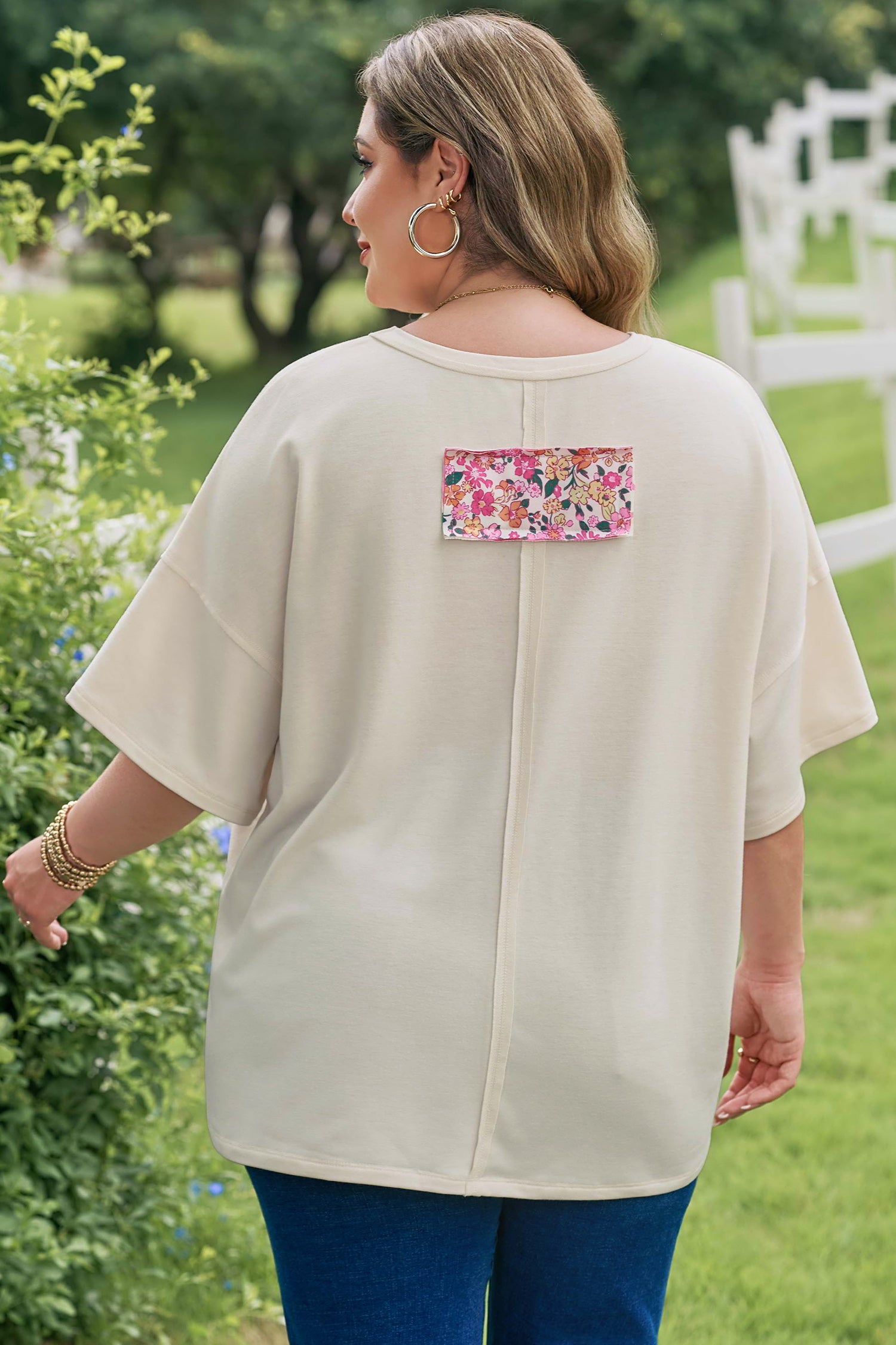 Jet Stream Big Flower Patched Plus Size Tunic T-Shirt