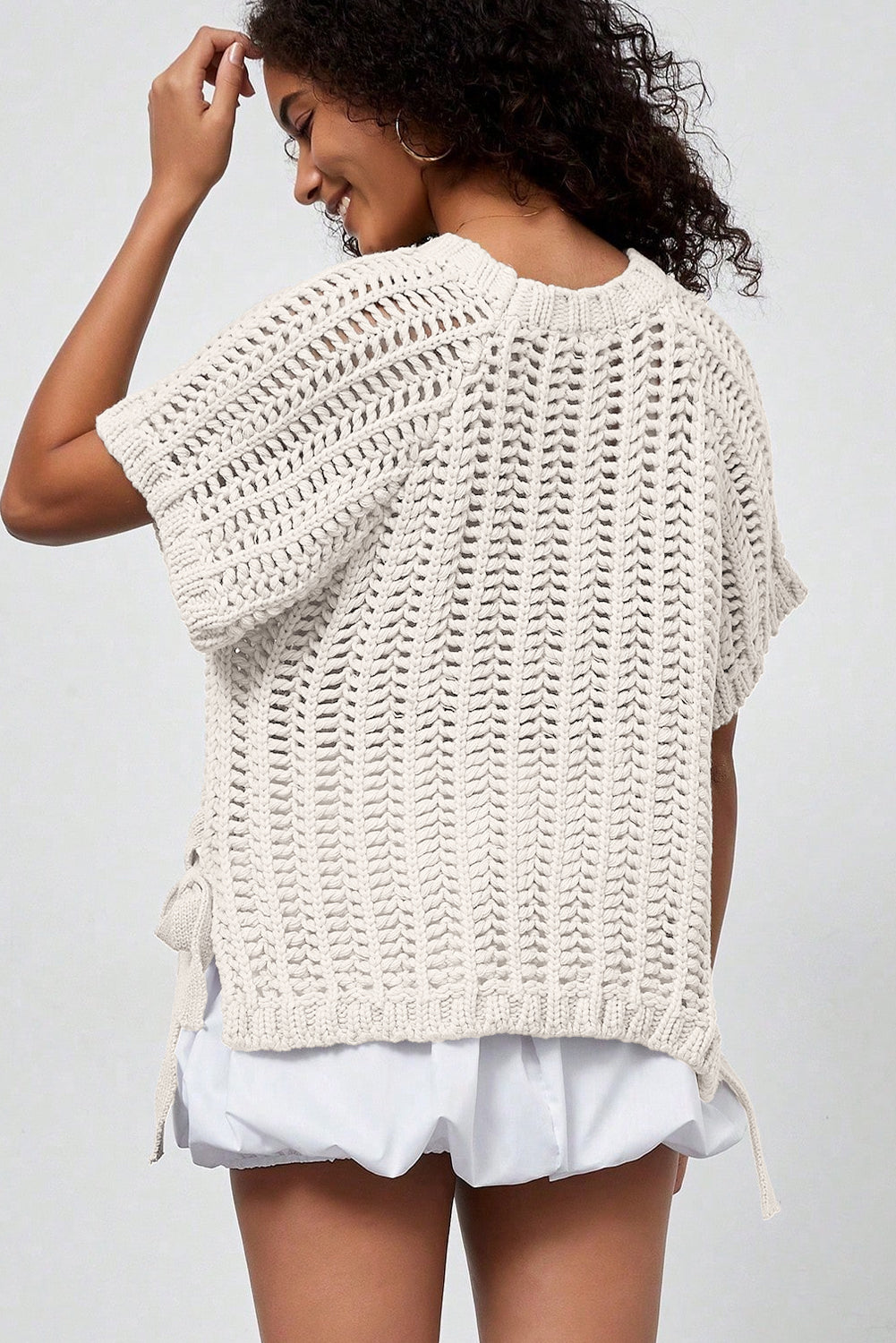 Pink Plus Size Open Knit Bow Tie Short Sleeve Sweater