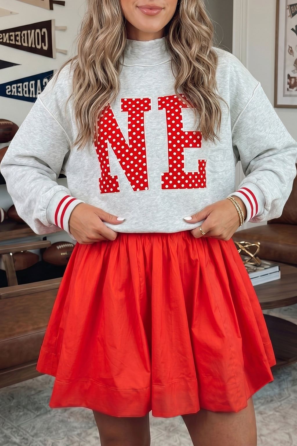 Fiery Red U Neck Long Sleeve Fit and Flare Short Dress