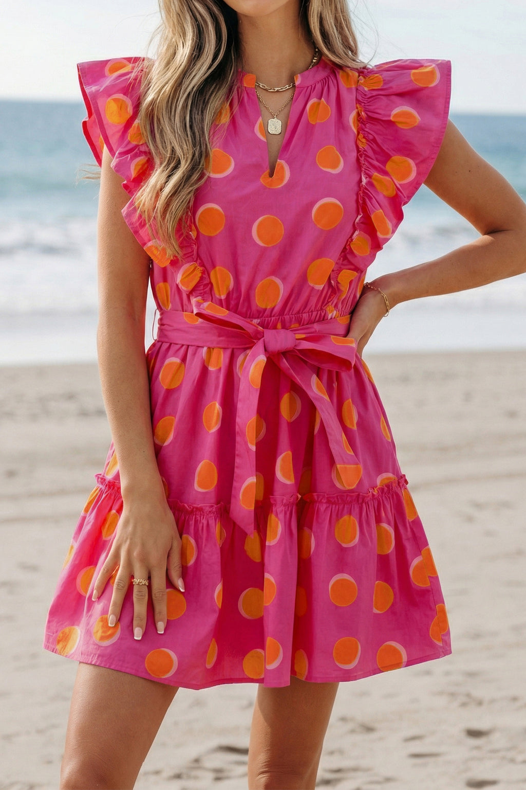 Rose Double Polka Dot V Neck Ruffled Short Sleeve Dress
