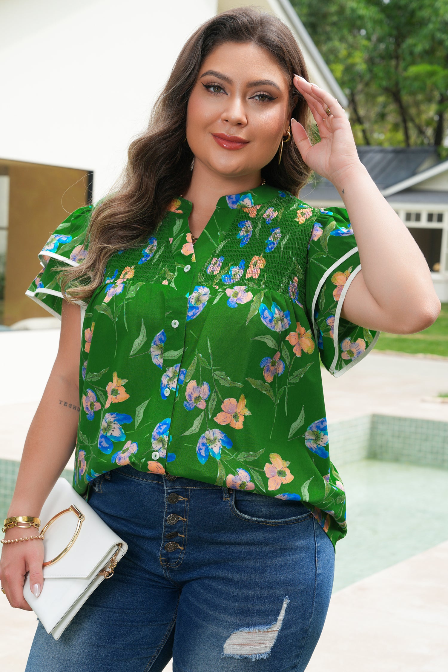 Green Plus Size Ruffled Short Sleeve Floral Top