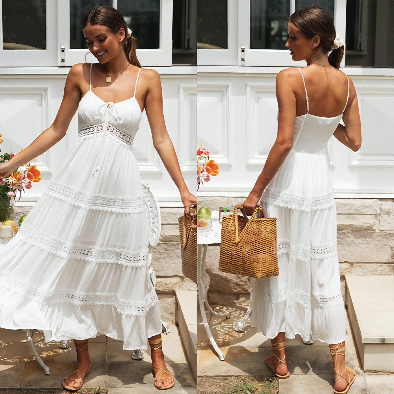 Vestido estilo boho con tirantes y falda con paneles de encaje