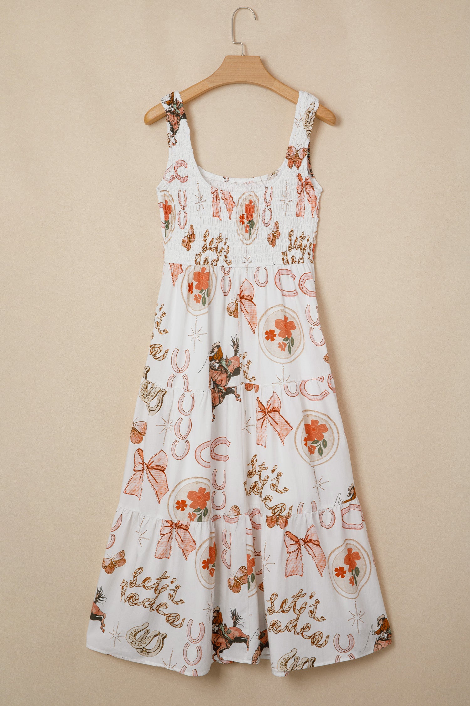 White Western Horseshoe Print U-Neck Sleeveless Midi Dress