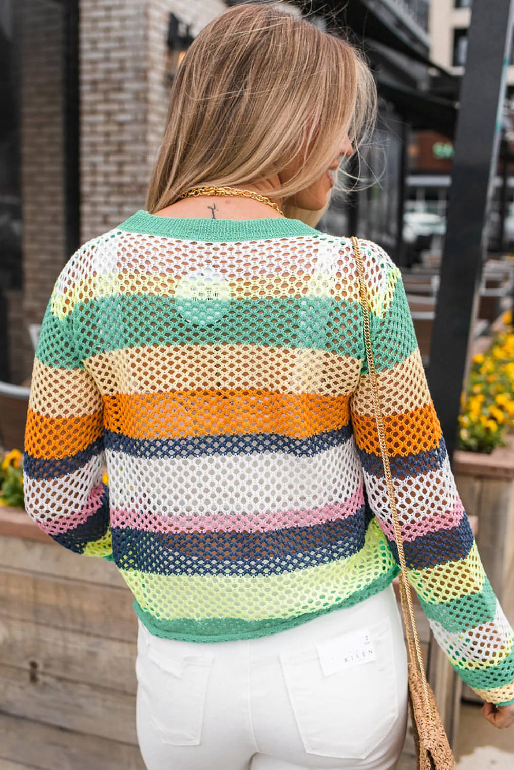Grønn Colorblock Patchwork Knit Heklet Øyegenser