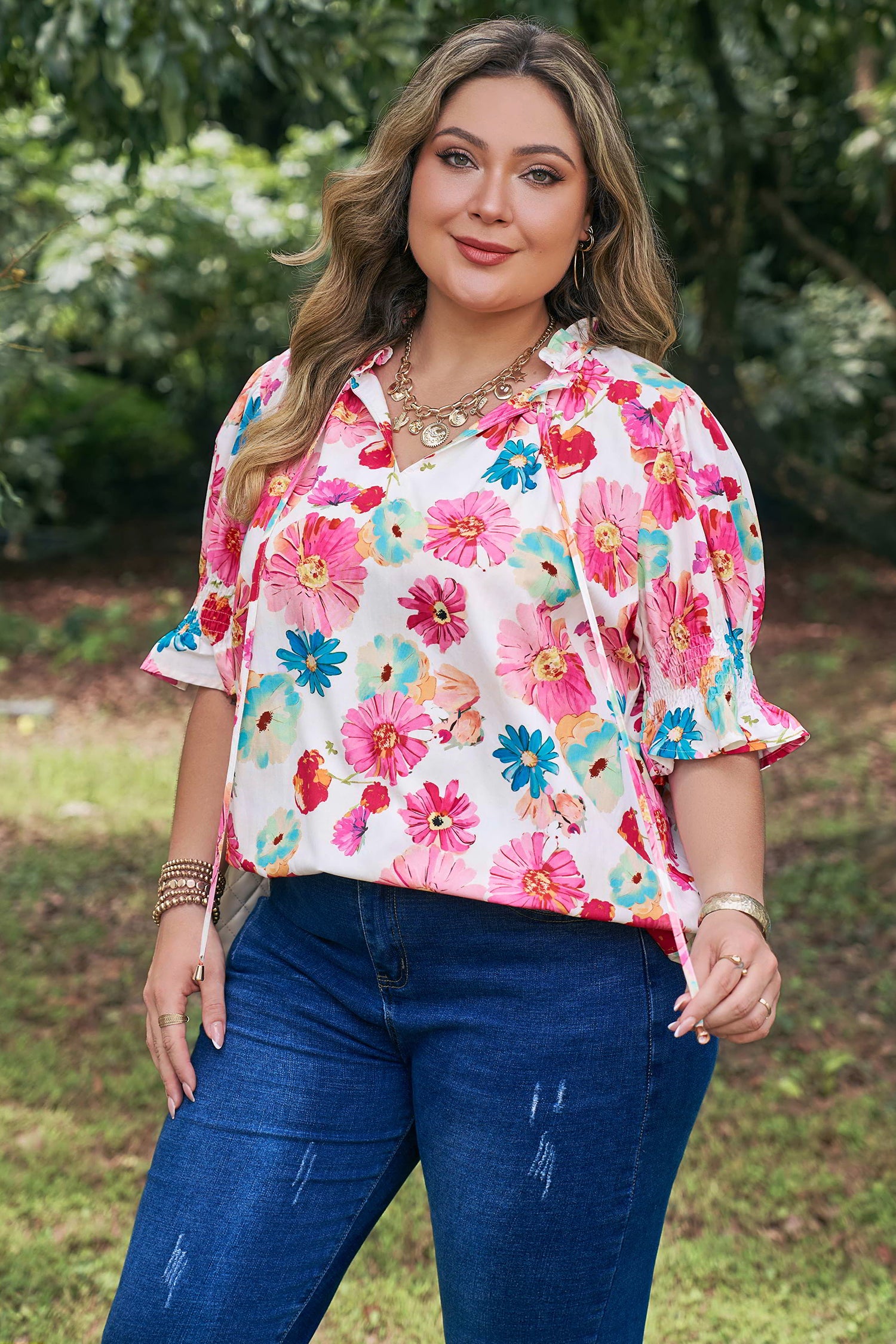 Pink Plus Size Floral Print Ruched Short Sleeve Blouse