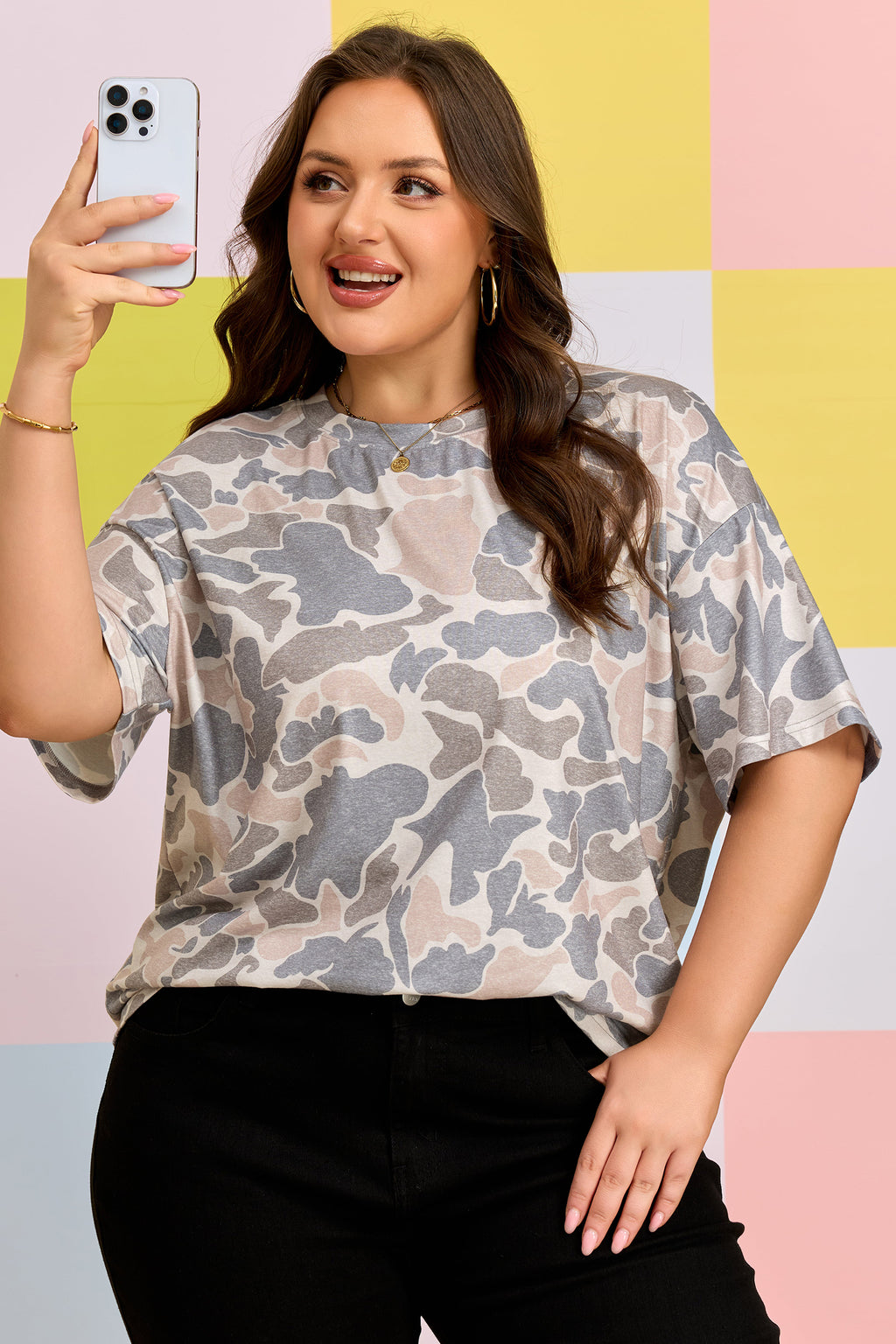 Multicolour Retro Camouflage Print Plus Size T Shirt