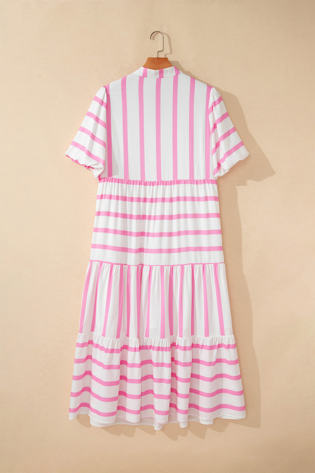 Pink Stripe Plus Size V Neck Short Puff Sleeve Tiered Maxi Dress