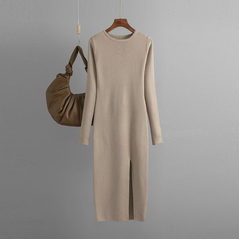 Vestido de cuello redondo sin espalda de punto de manga larga de otoño e invierno