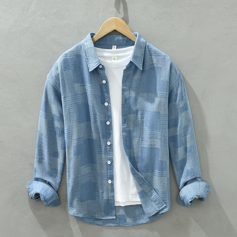 Camisa de vestir informal de manga larga de mezclilla con combinación de colores de jacquard para hombre