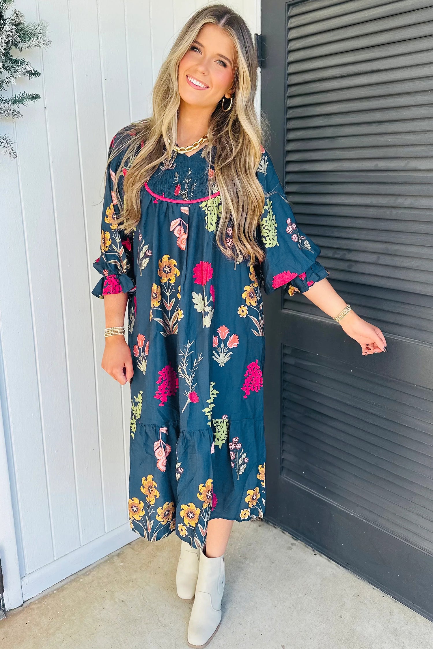 Blue Floral Print Gathered Neckline 7/8 Sleeve Casual Midi Dress