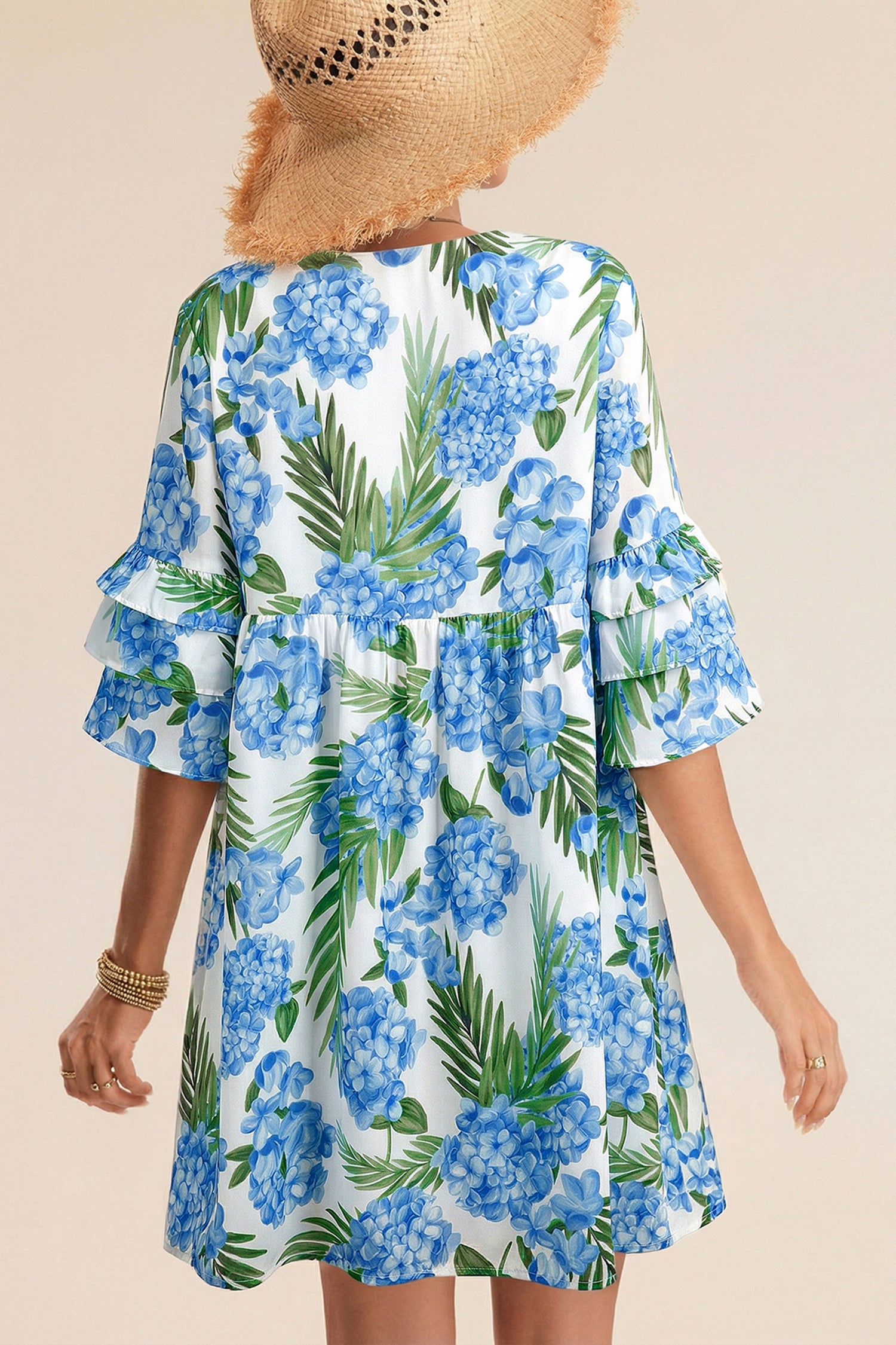 Sky Blue Palm Floral Print Contrast Ribbon Knot Ruffle Tiered Sleeve Mini Dress