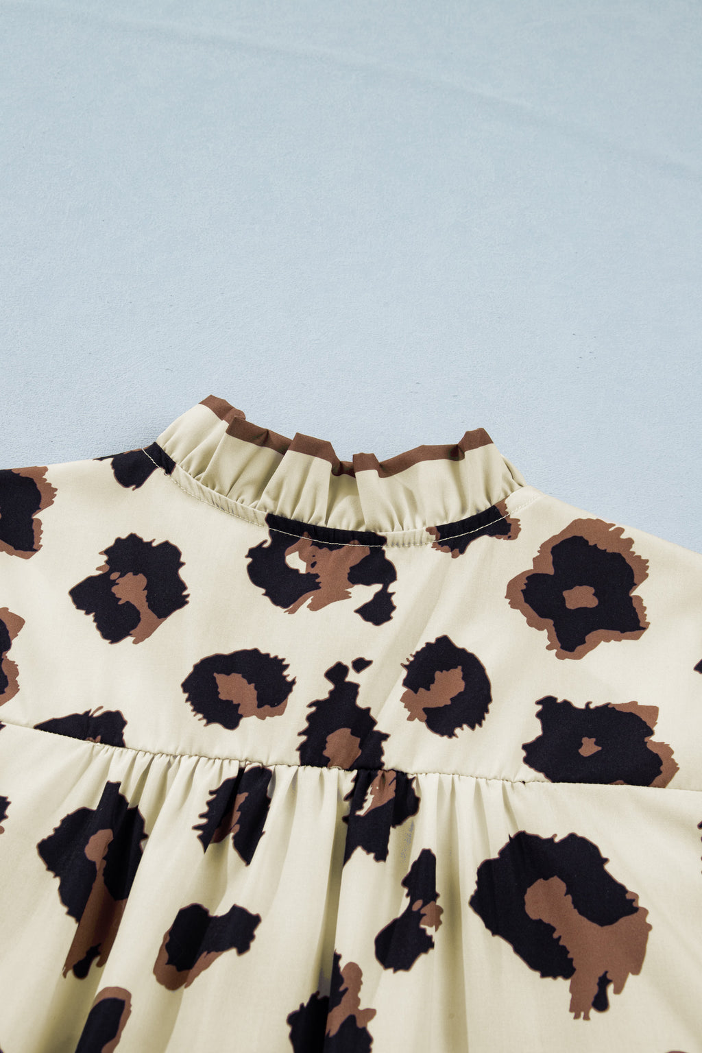 Khaki Plus Size Leopard Print Frilled Color Block Trim Button Down Short Sleeve Blouse