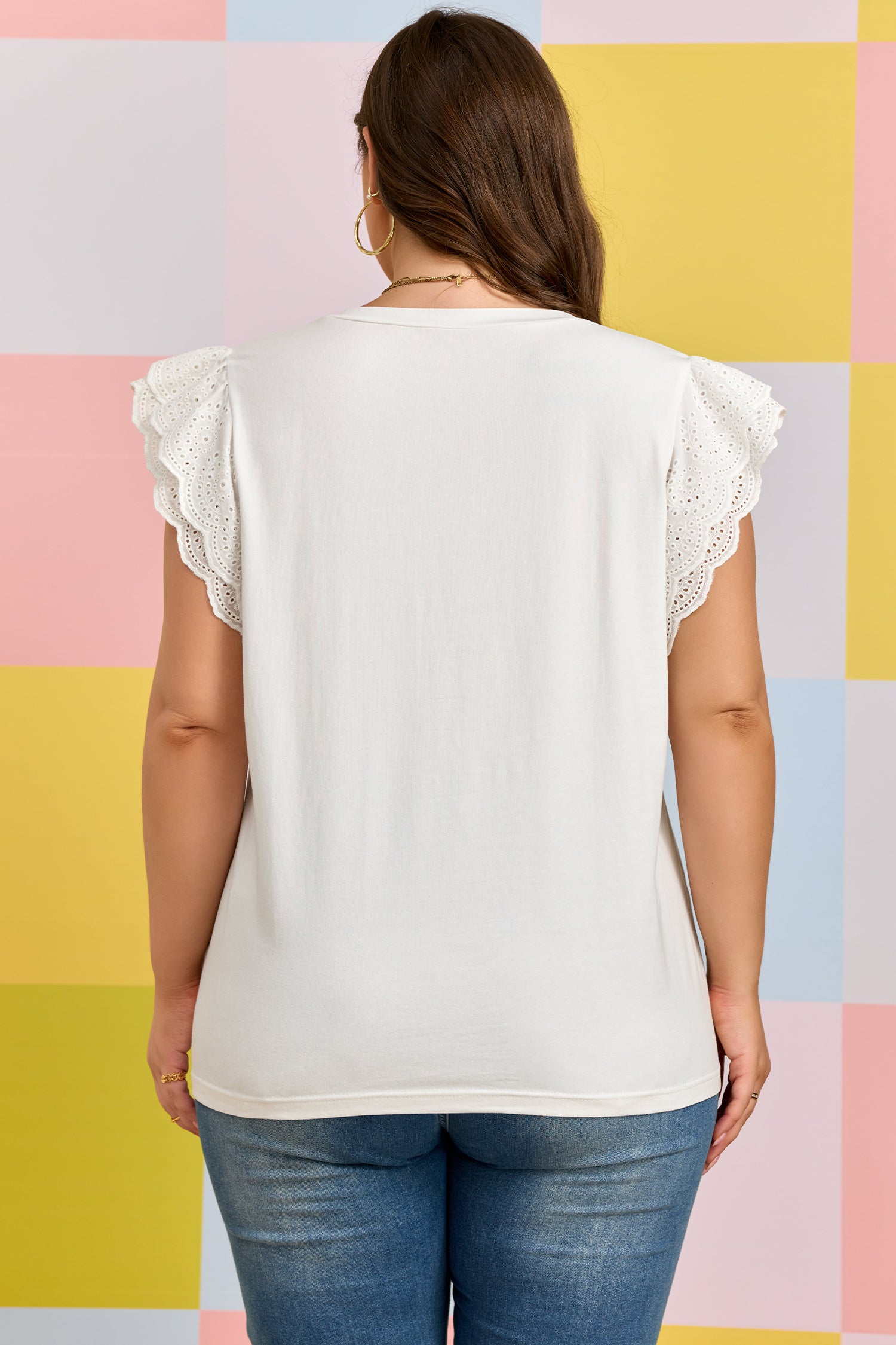 White Eyelet Crochet Splicing Short Sleeve Plus Size Tee