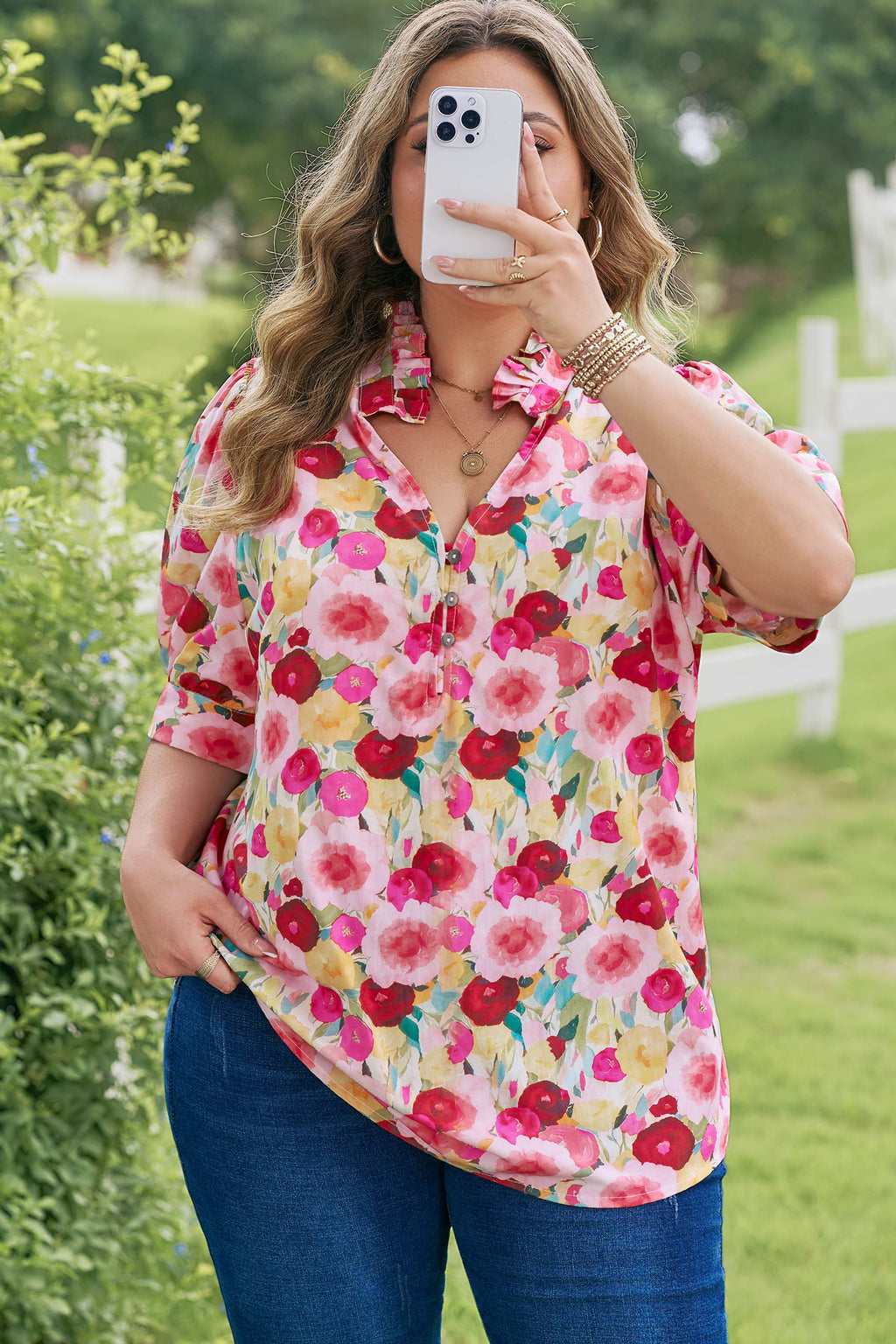 Pink Plus Size Flower Print Split V Neck Puff Short Sleeve Top