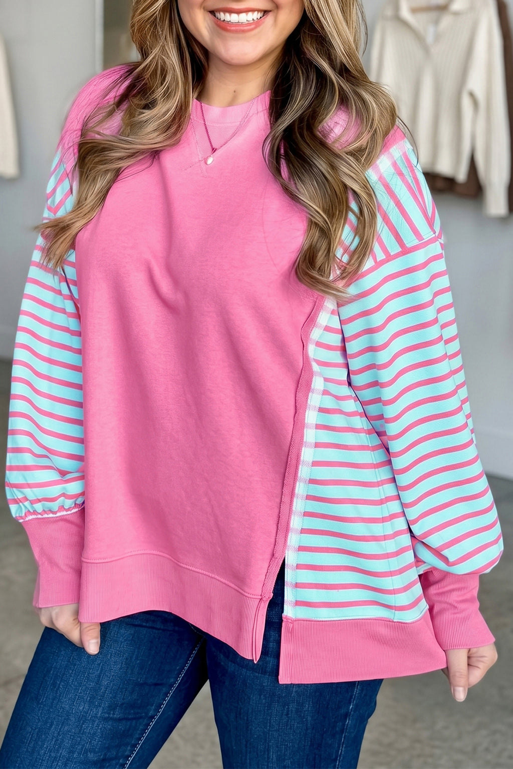 Purple Orchid Striped Colorblock Long Sleeve Tunic Plus Size Sweatshirt