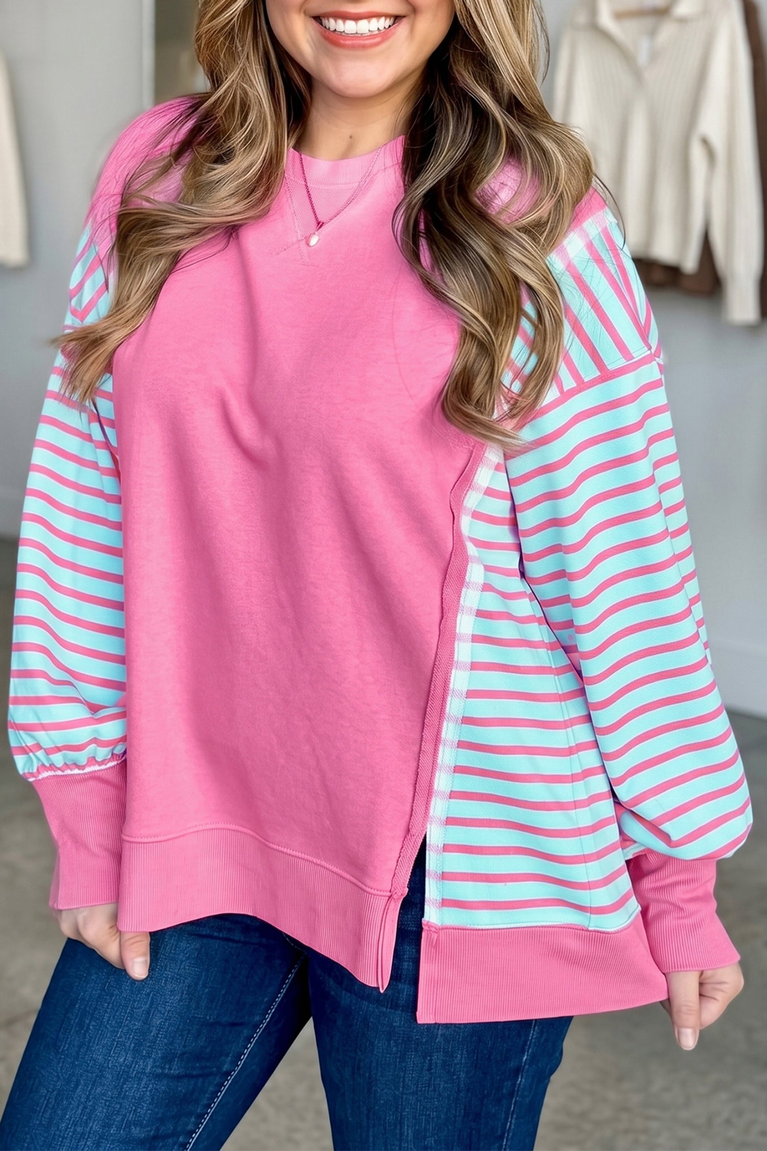 Purple Orchid Striped Colorblock Long Sleeve Tunic Plus Size Sweatshirt
