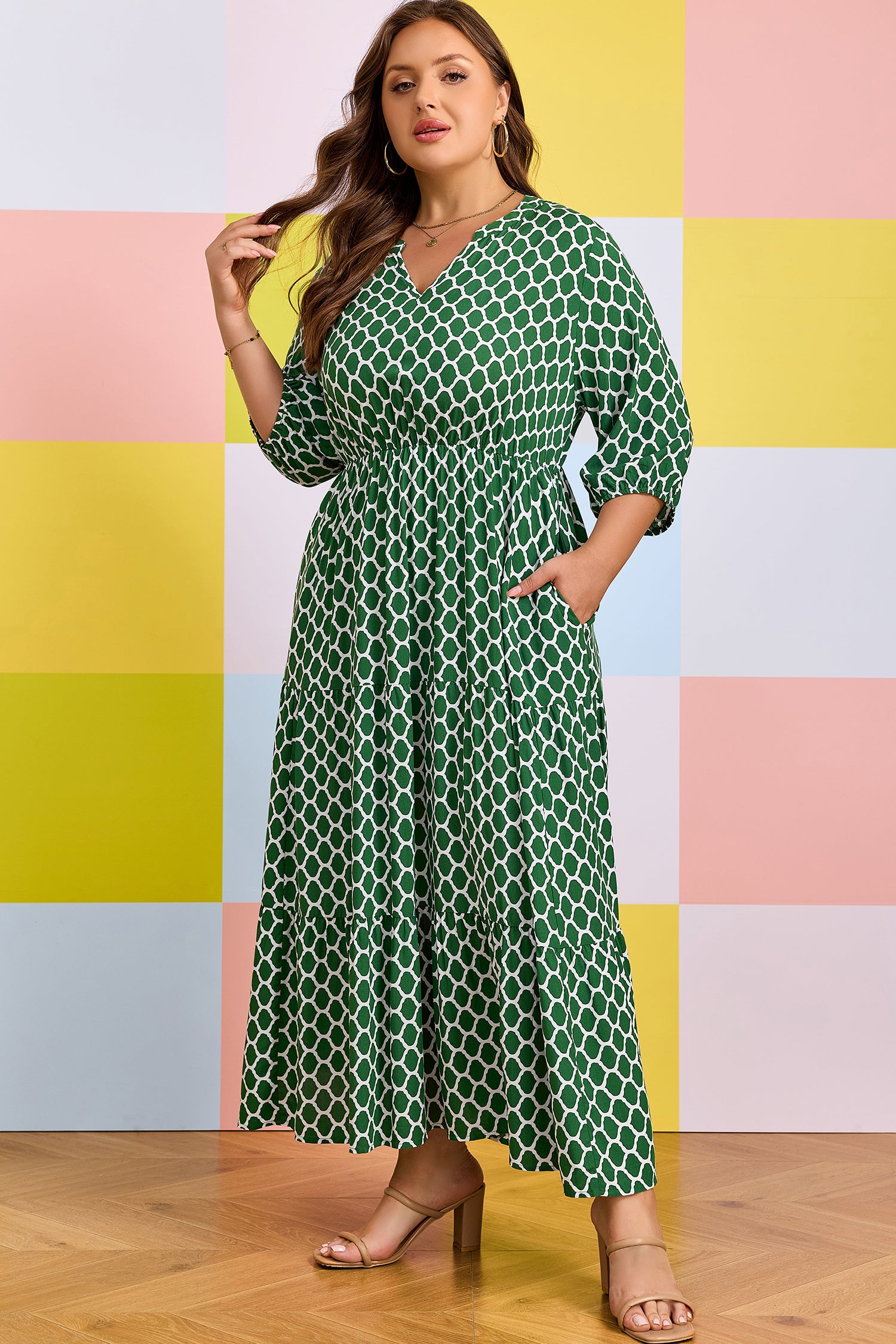 Green Plus Size Geometric Print Pocketed Ruffle Hem Casual Dress