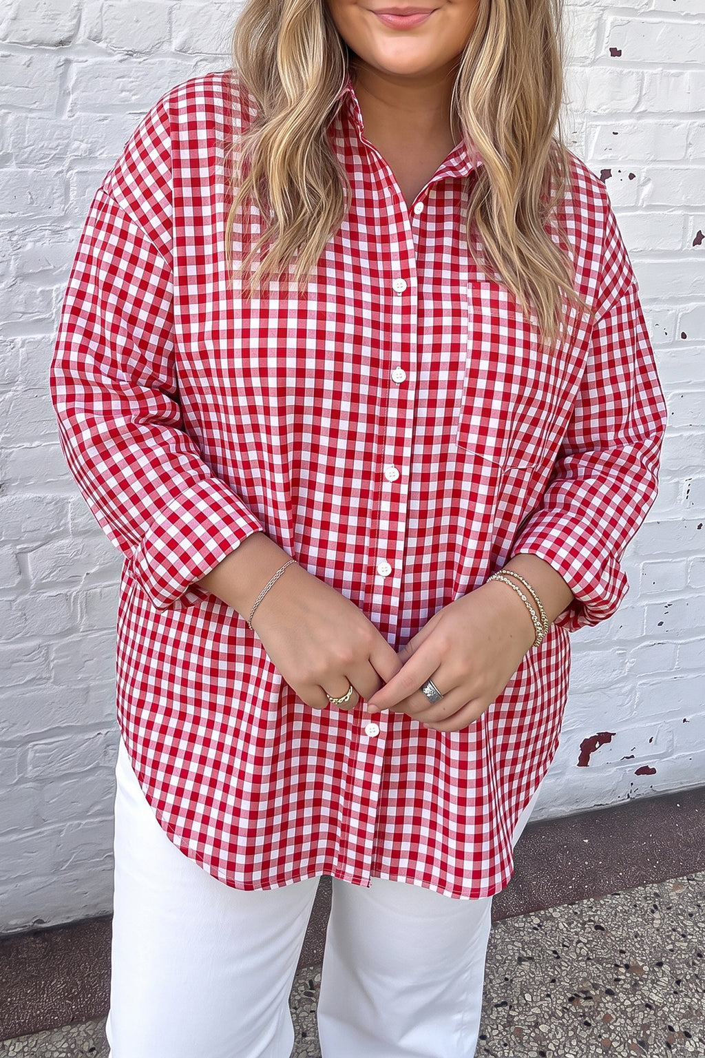 Red Plaid V Neck Long Sleeve Tunic Loose Fit Plus Size Shirt