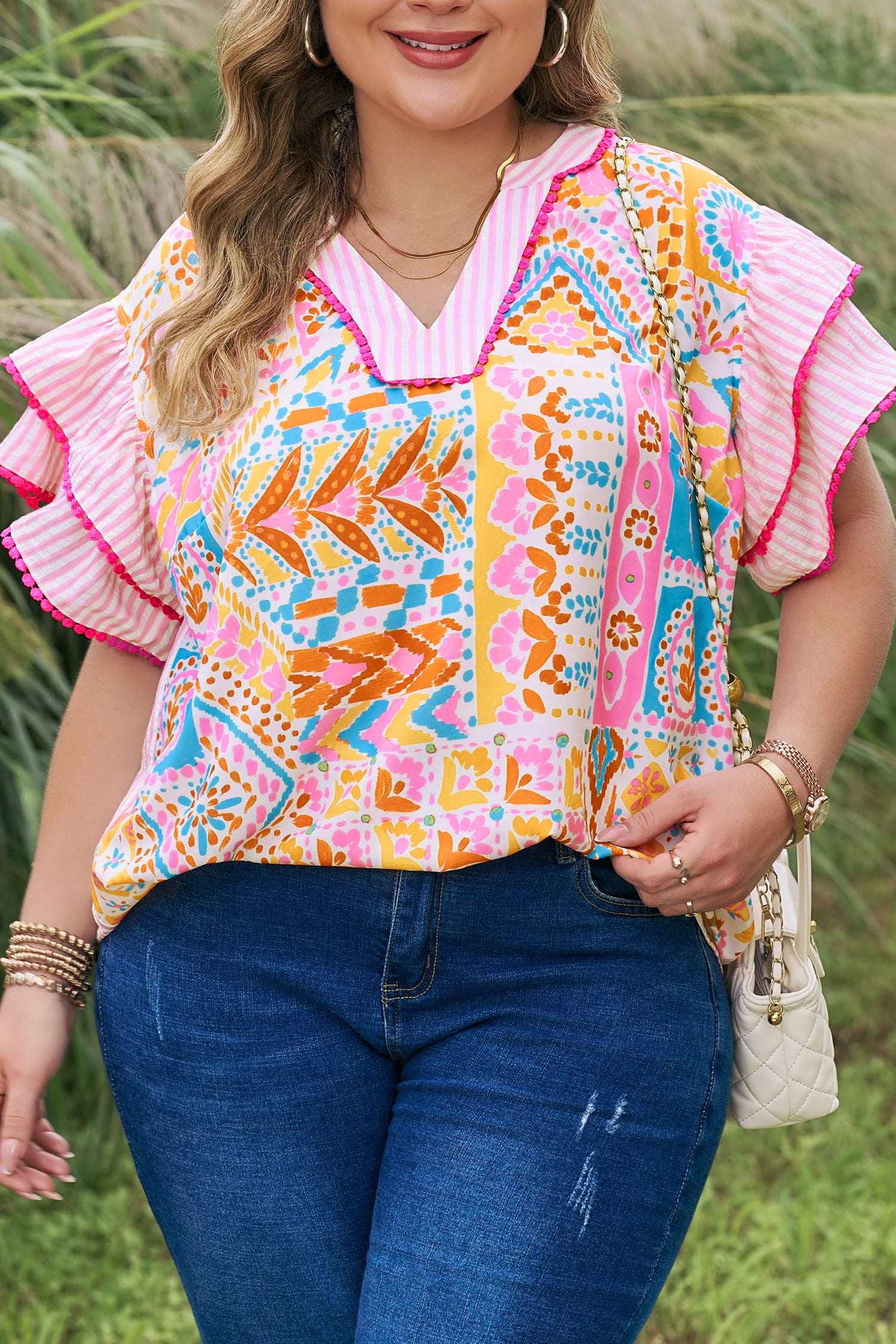 Rose Plus Size Geometric Print Contrast Trim Striped V Neck Blouse