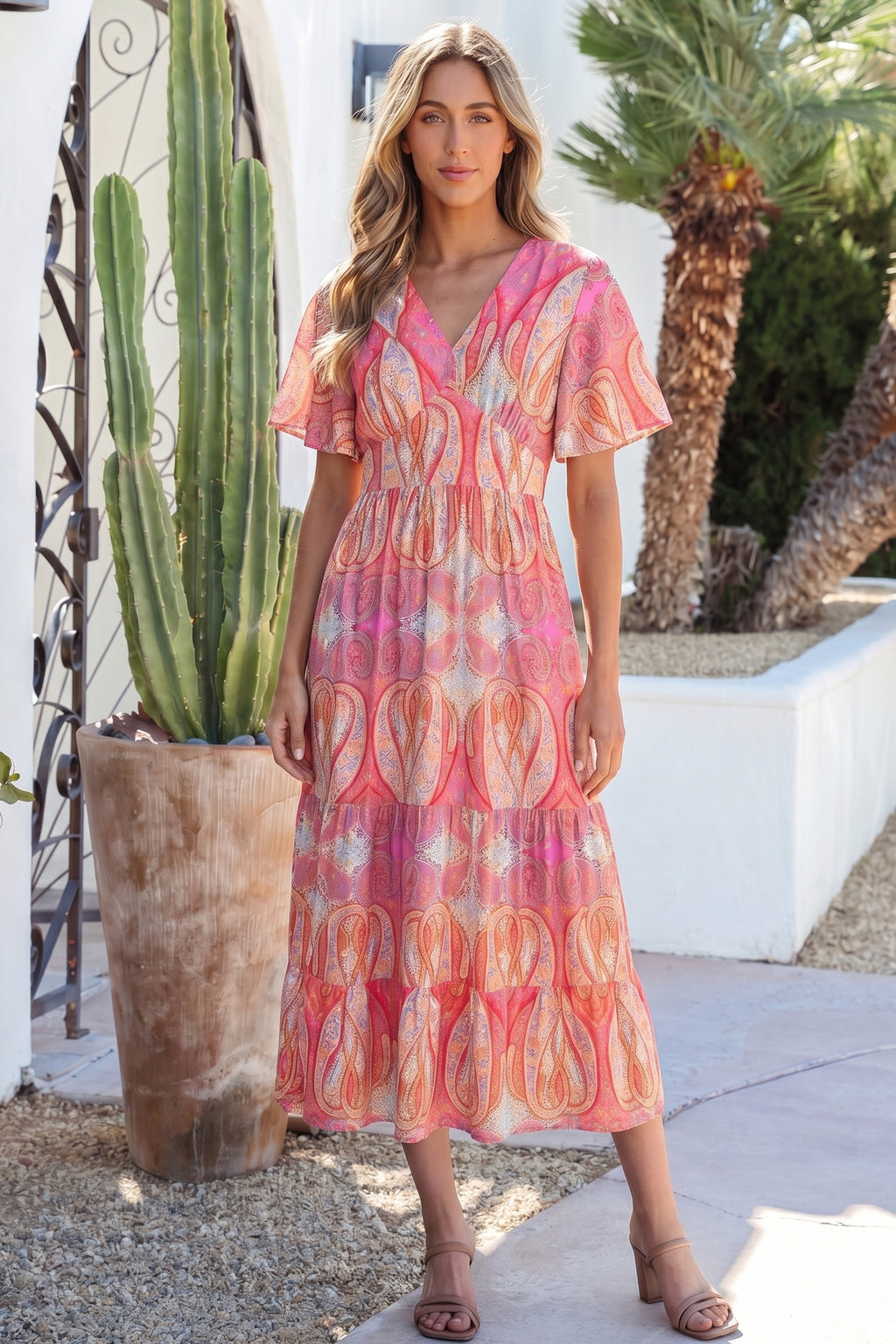 Multicolour Paisley Print V-Neck Short Sleeve Boho Maxi Dress with Ruffle Details