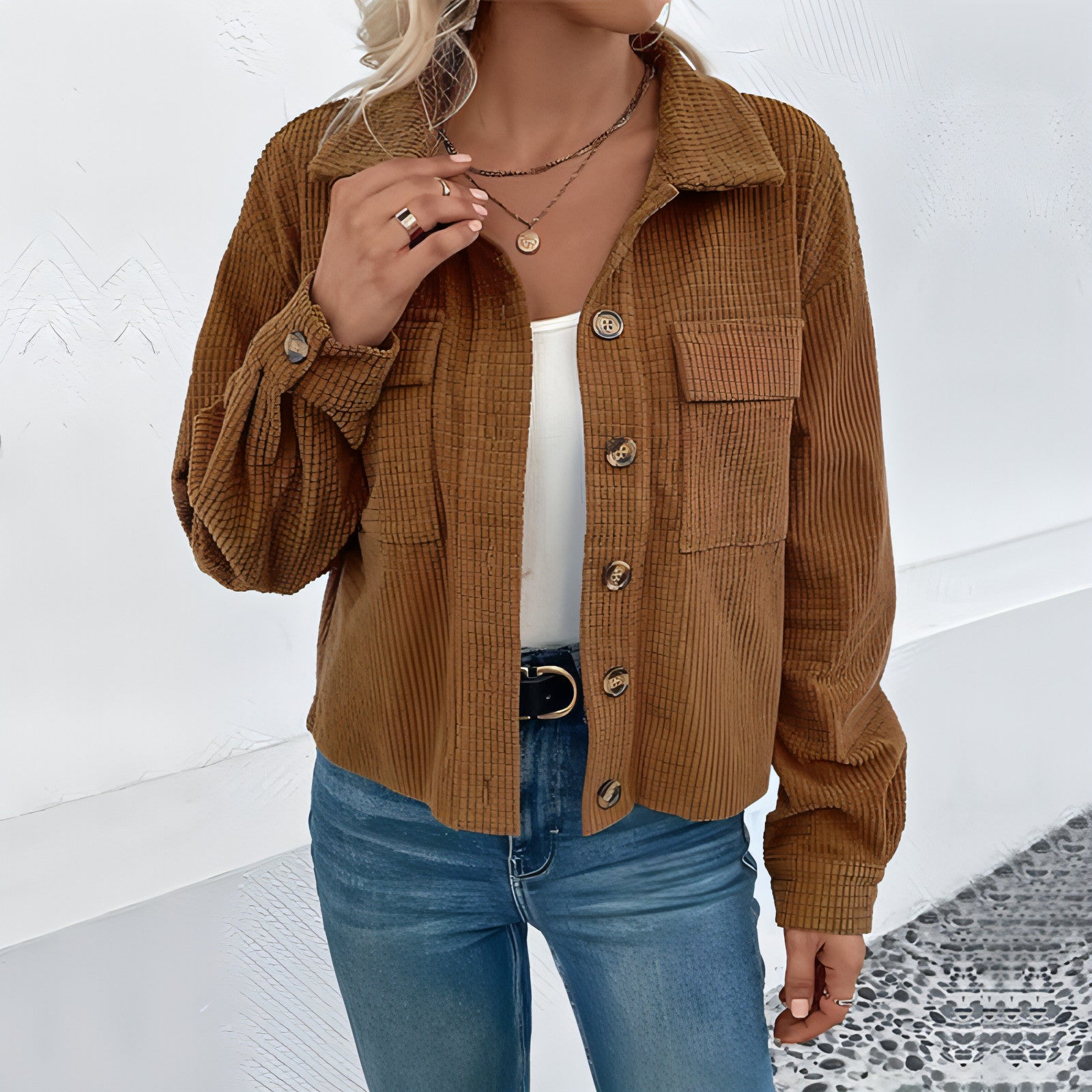Herbst und Winter Cord Polo Kragen Jacke Vintage braun Tasche Mantel Frauen