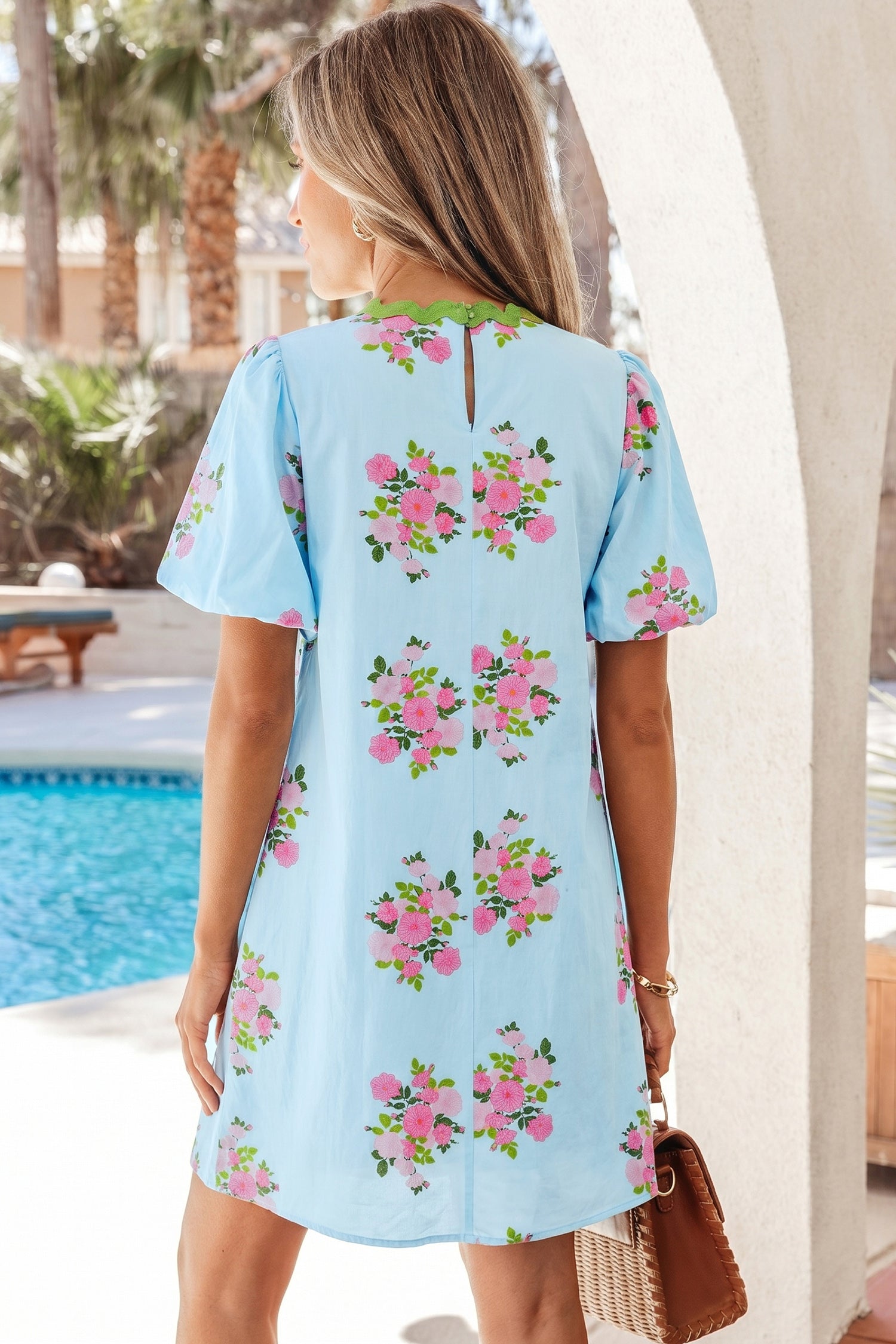 Sky Blue Floral Printed Contrast Ricrac Detail Bubble Sleeve Dress