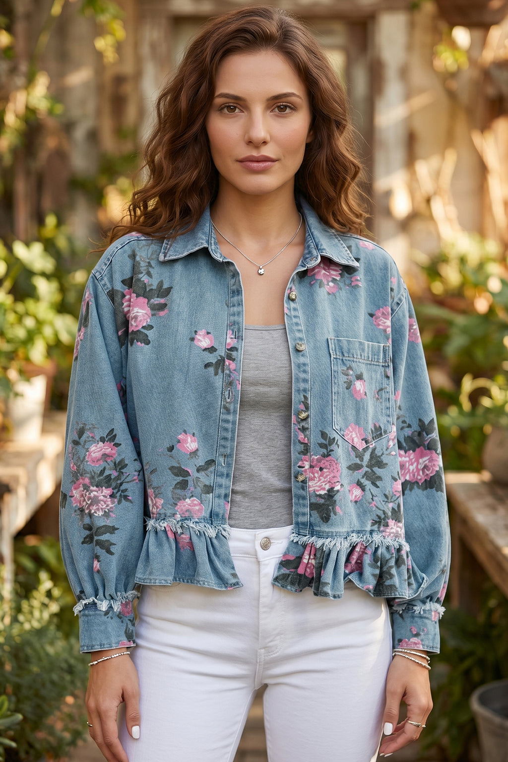 Sky Blue Floral Print Raw Seam Ruffle Hem Denim Jacket
