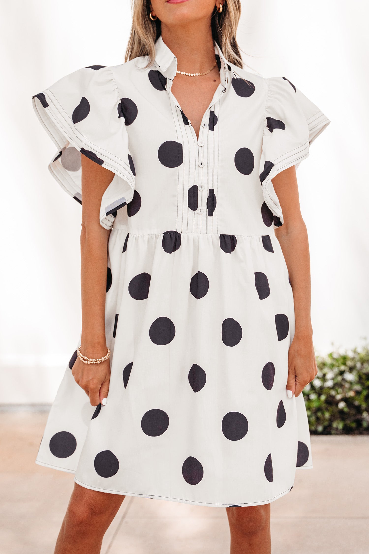 White Polka Dot Print Half Button Ruffled Short Sleeve Loose Mini Dress