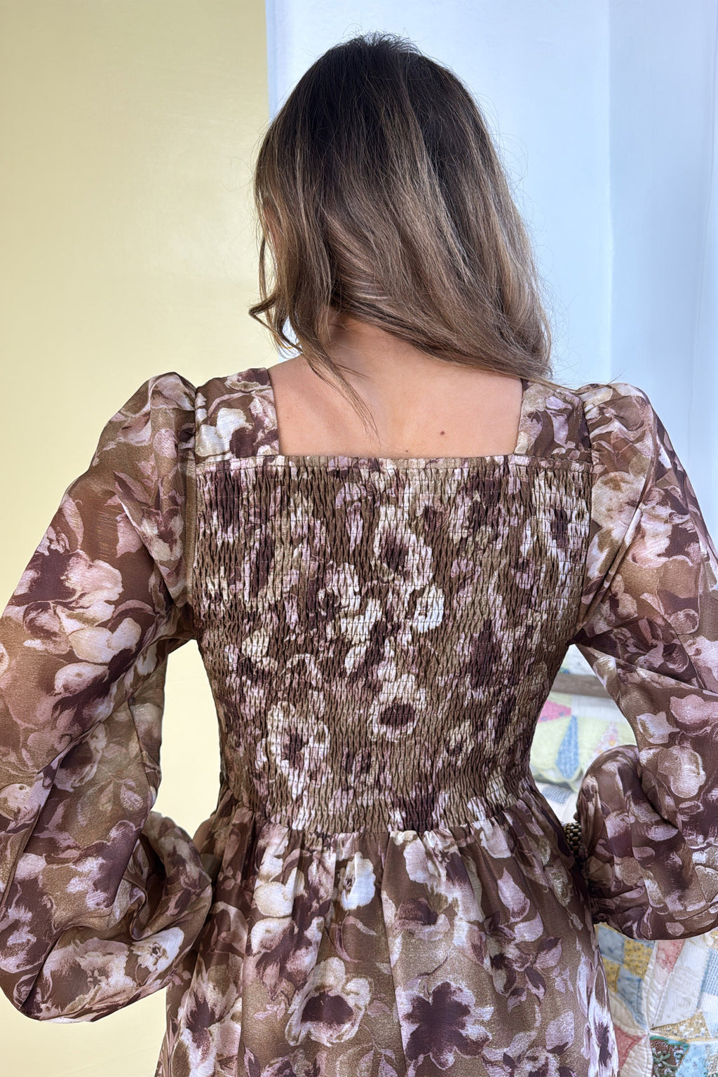 Brown Abstract Floral Print Square Neck Long Sleeve Mini Shift Dress