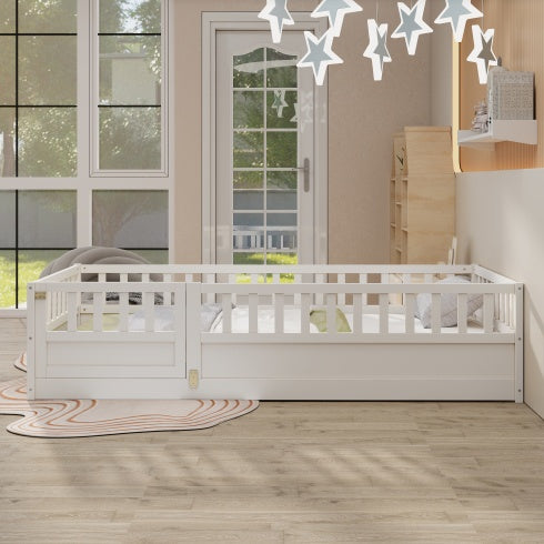 MontessoriPlay™ – Twin Size Wooden Floor Bed with Safety Rails & Door (US Warehouse)