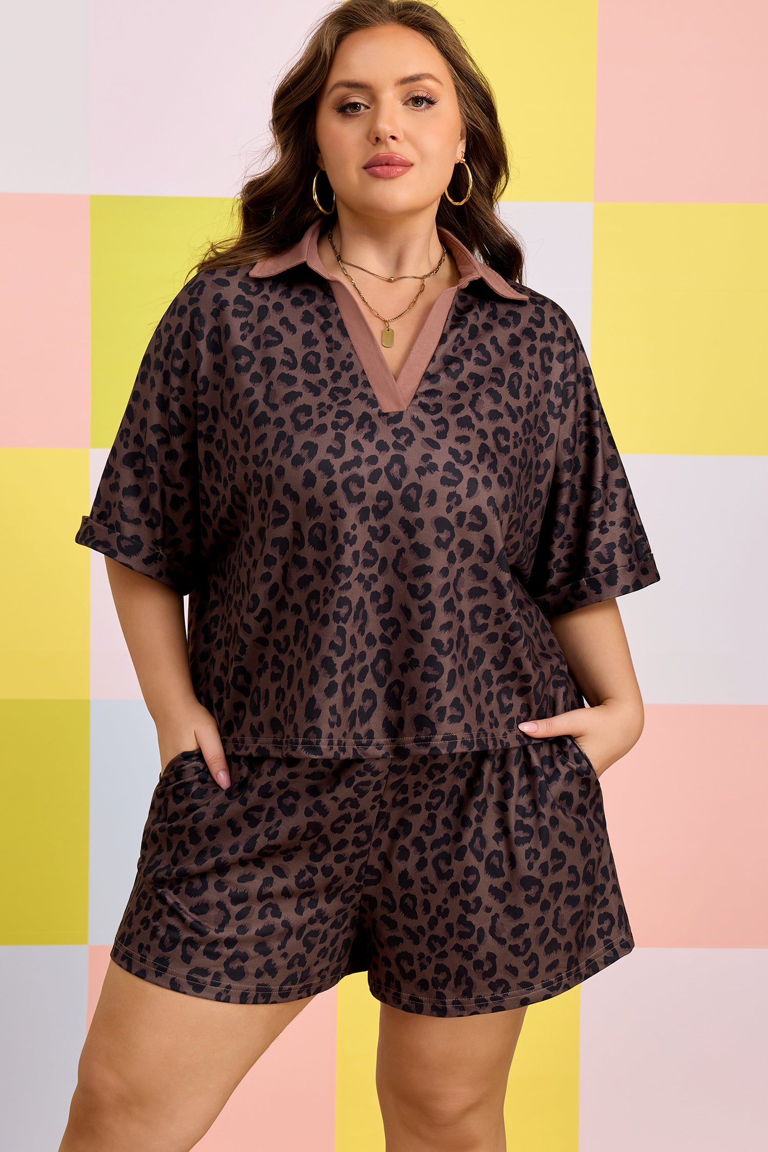 Brown Plus Size Leopard Short Set