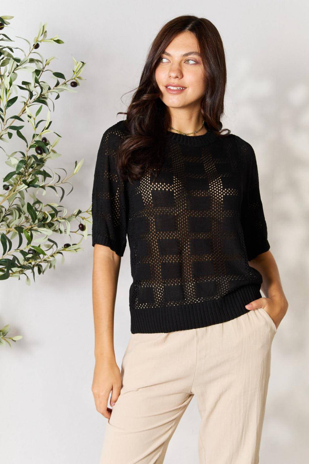 Top de punto con cuello redondo y ribete acanalado Mandy