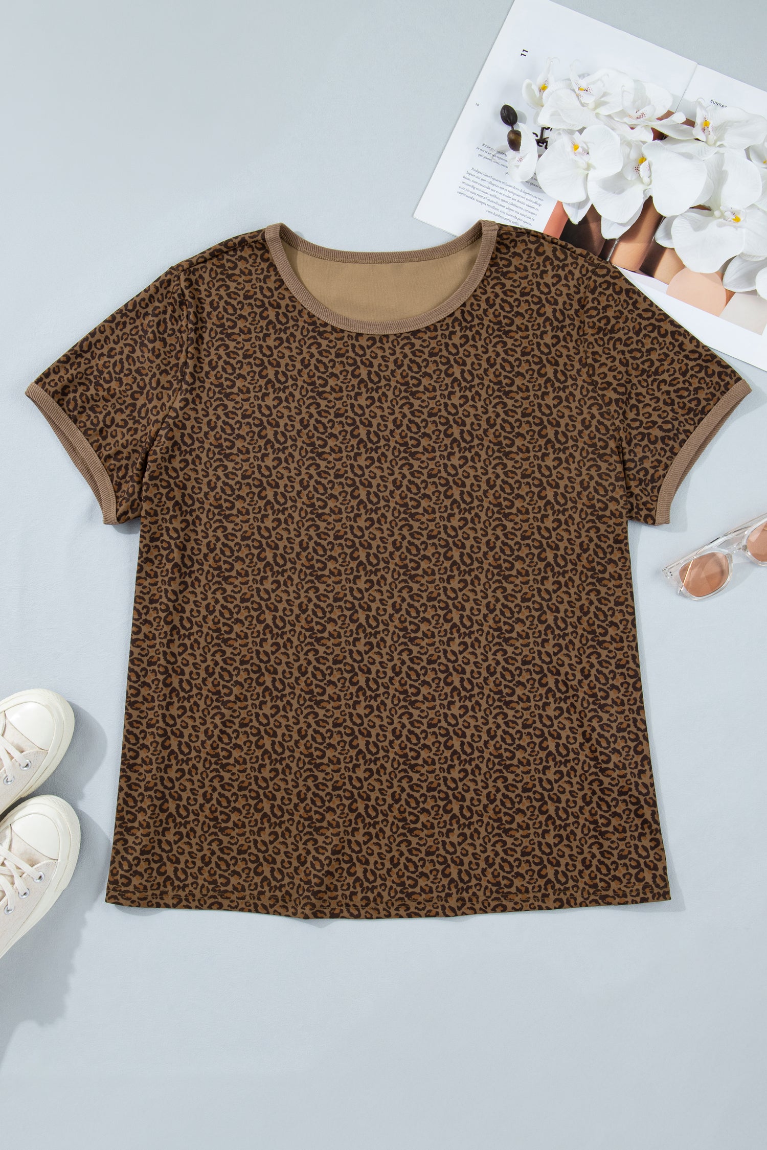 Khaki Plus Size Leopard Print Ribbed Trim Round Neck Tee