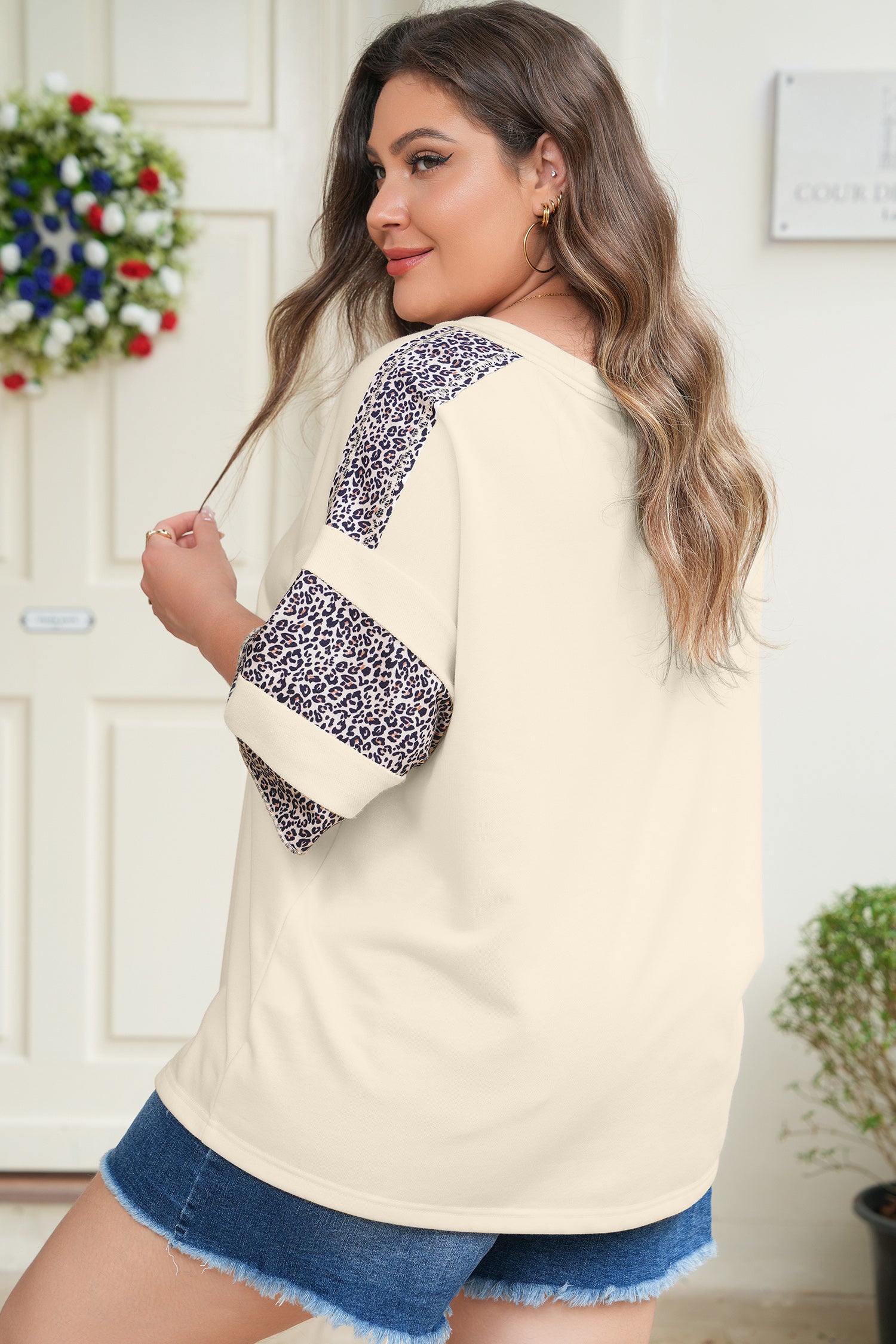 Apricot V Neck Exposed Seam Leopard Color Block Patchwork Half Sleeve Top
