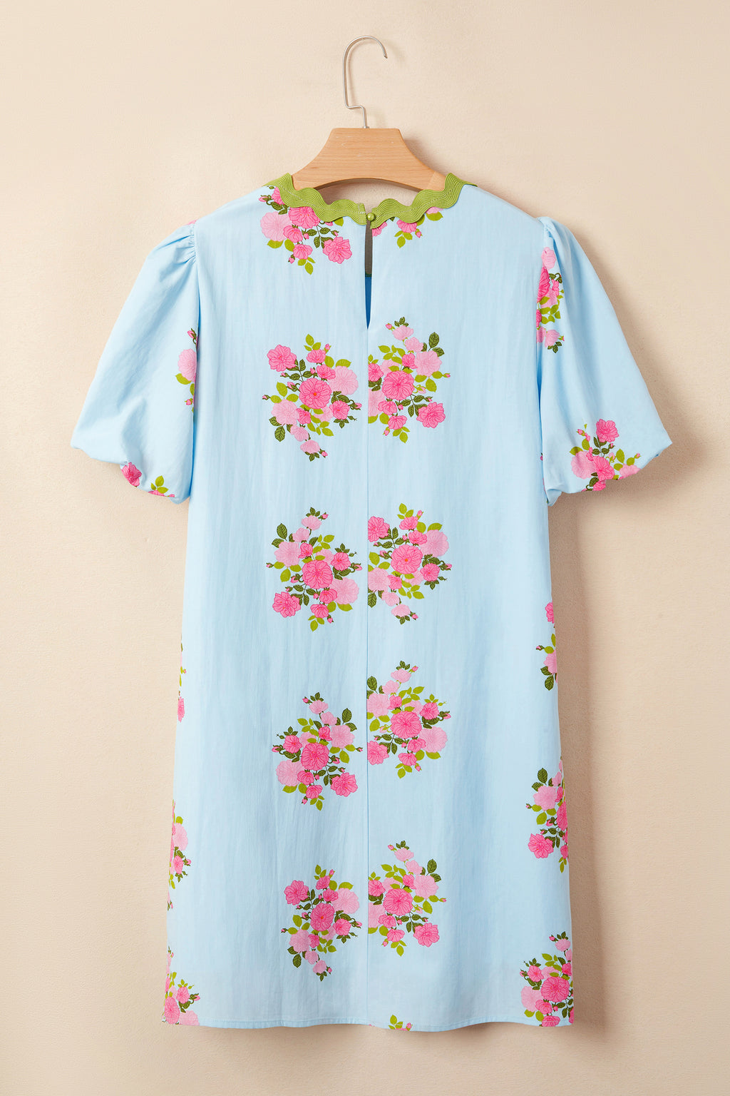 Sky Blue Floral Printed Contrast Ricrac Detail Bubble Sleeve Dress