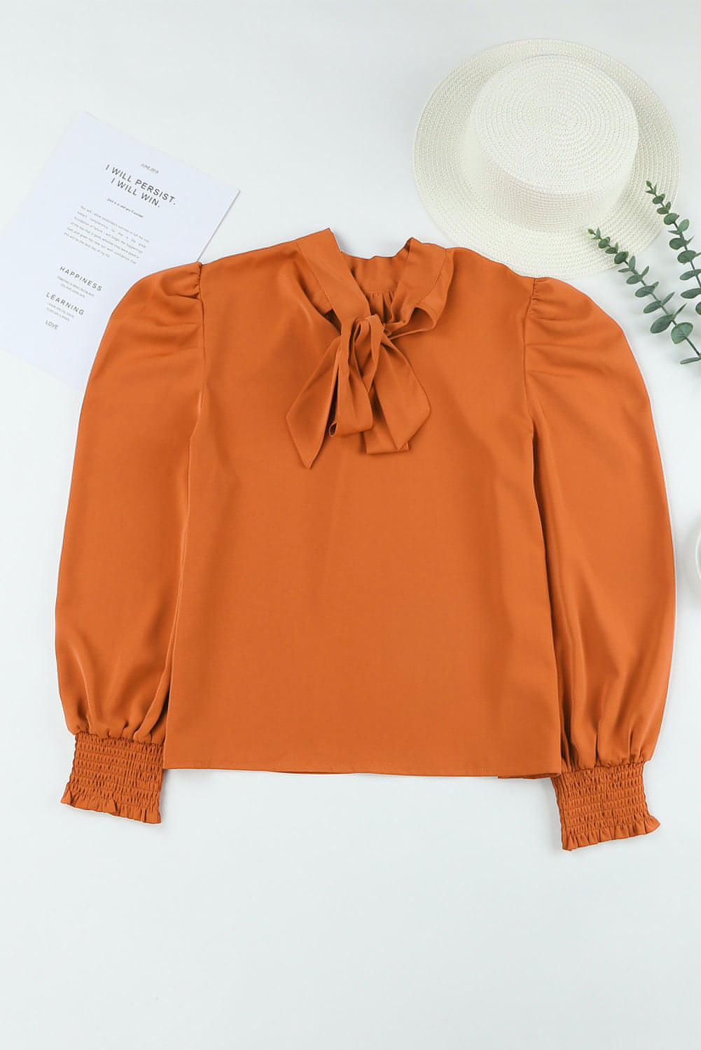 Orange lång bubbelhylsa hålig nacke chiffongblus