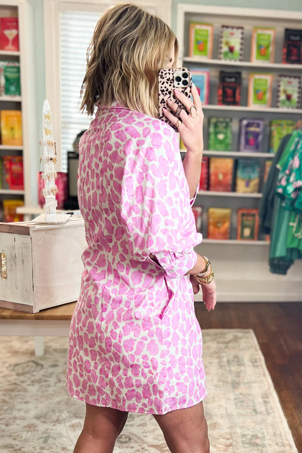 Pink Abstract Leopard Print Tie Waist Puff Sleeve Mini Shirt Dress