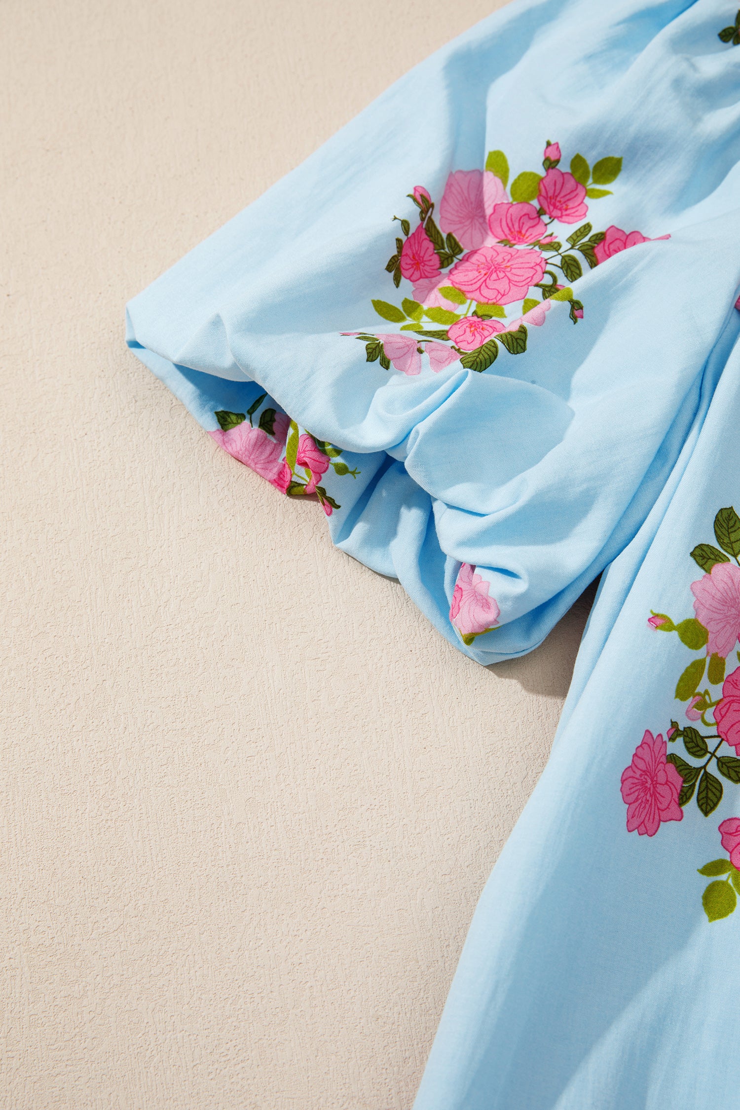 Sky Blue Floral Printed Contrast Ricrac Detail Bubble Sleeve Dress