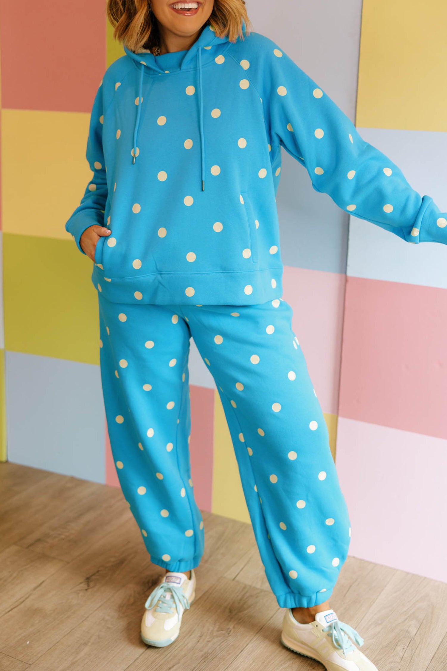 Blue Polka Dot Hooded Drawstring Long Sleeve Plus Size Set