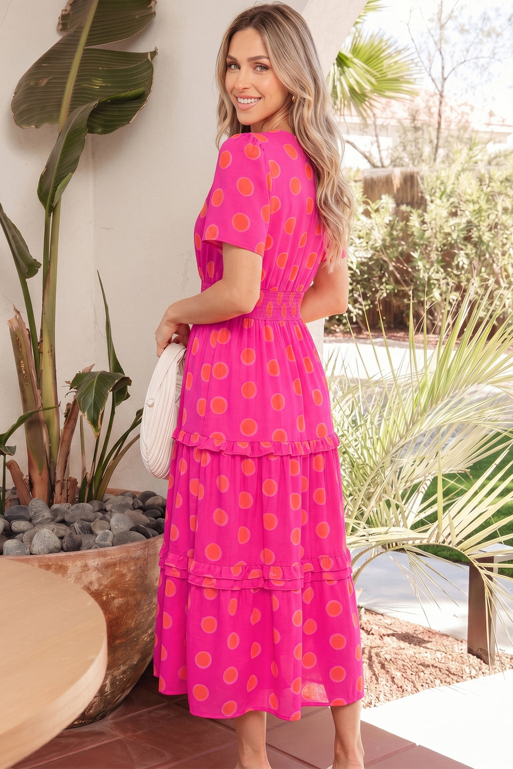 Rose Double Polka Dot Short Sleeve Shirred High Waist Midi Dress