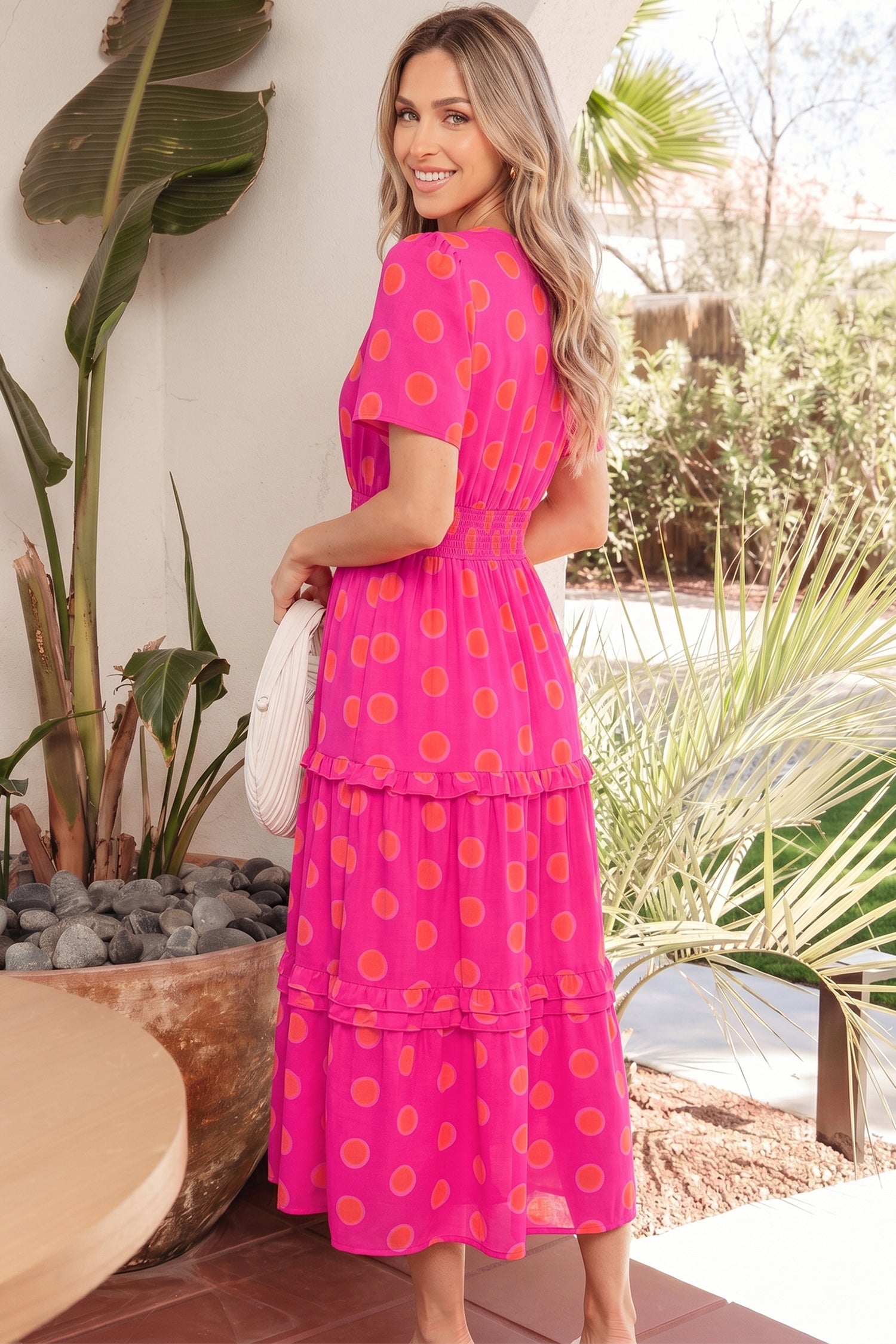 Rose Double Polka Dot Short Sleeve Shirred High Waist Midi Dress
