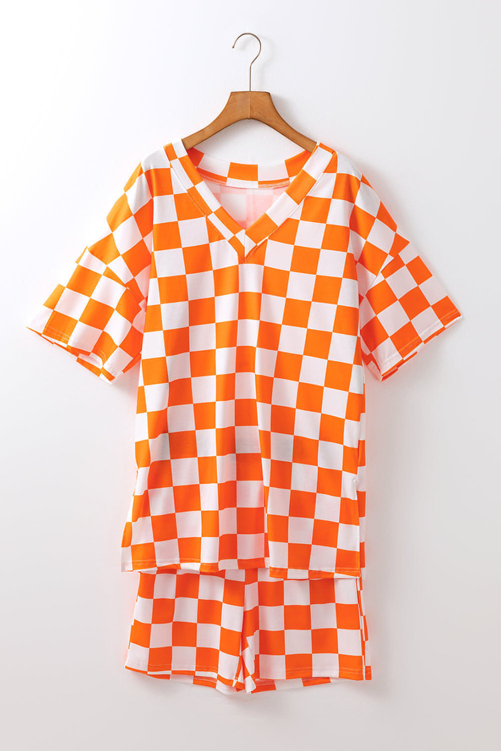 Orange Checkerboard Druck gegen Nacken lose T -Shirts und Shorts Lounge Set