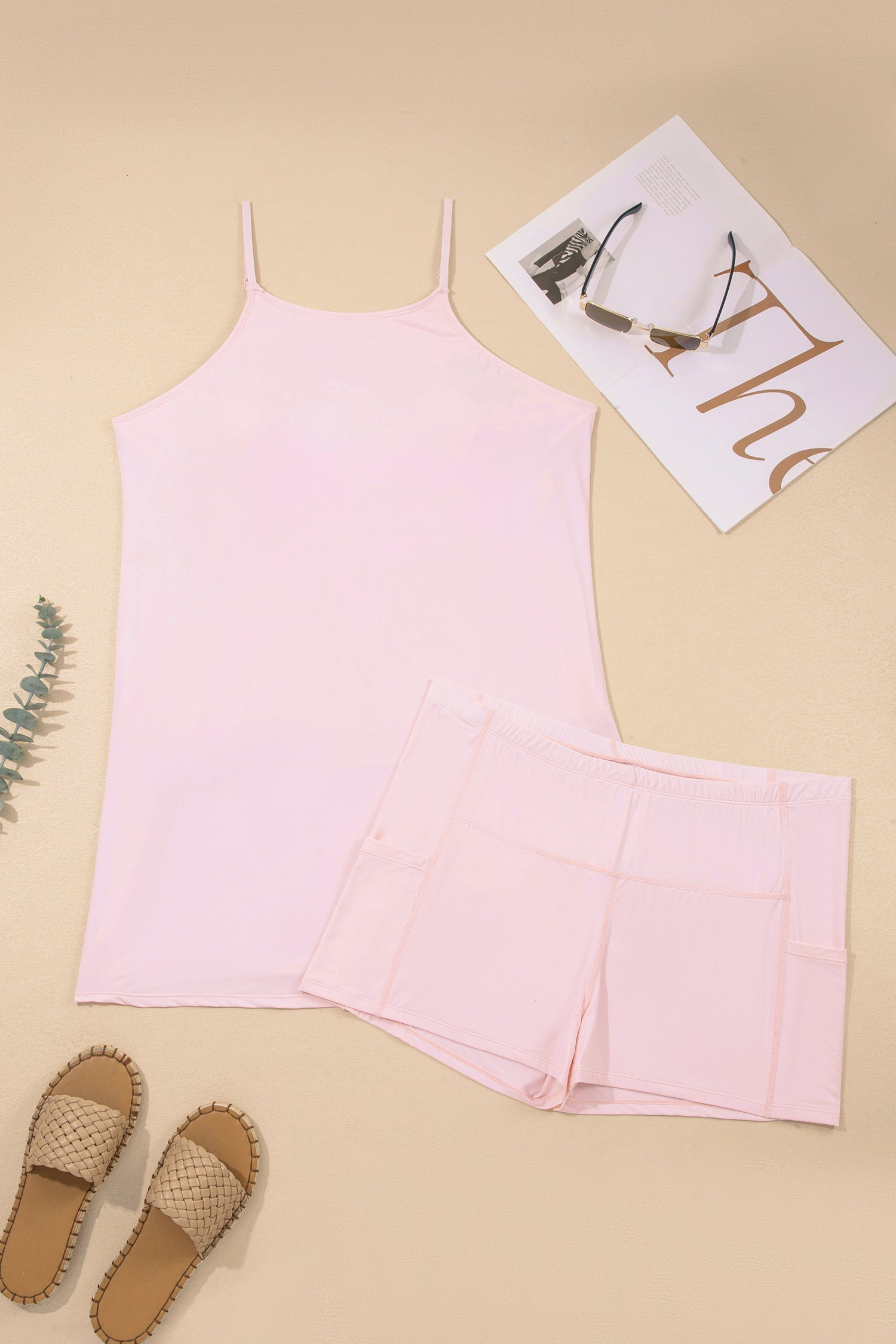 Pink Plus Size Build-in Shorts Sleeveless Dress With Short Two Piece Set