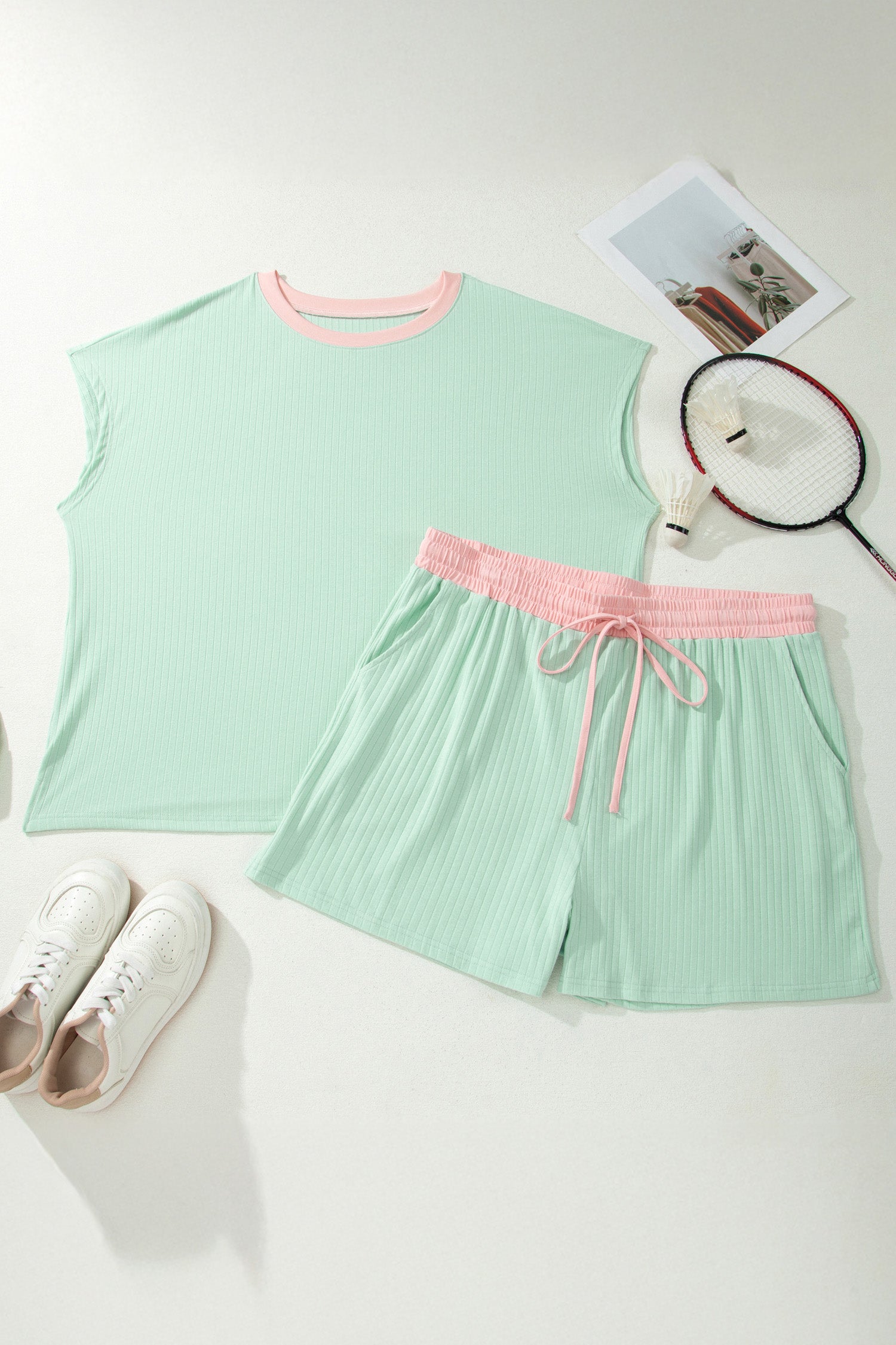 Yellow Cream Plus Size Ribbed Color Block Trim Drawstring Shorts 2pcs Set