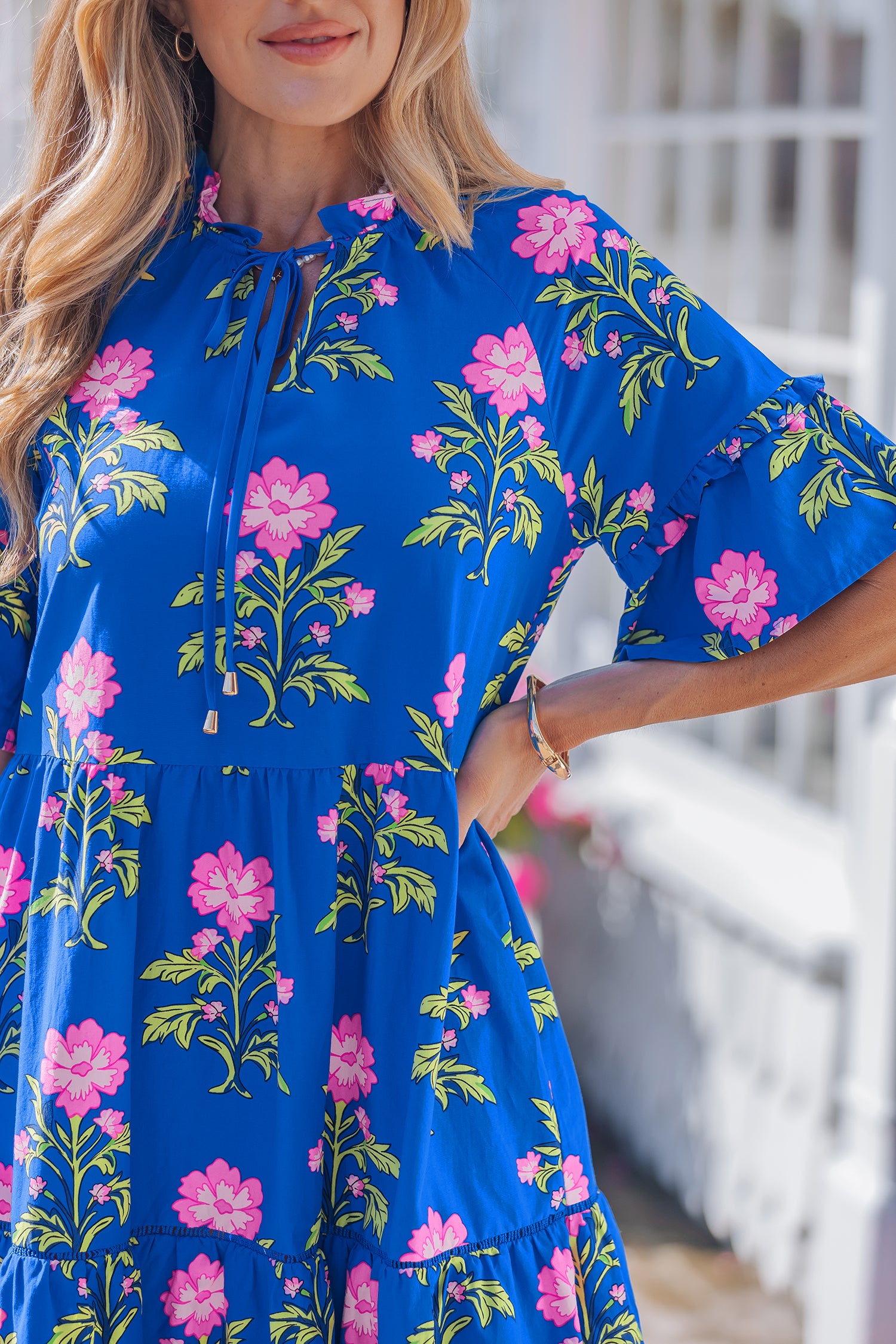 Blue V Neck Short Sleeve Loose Flower Dress