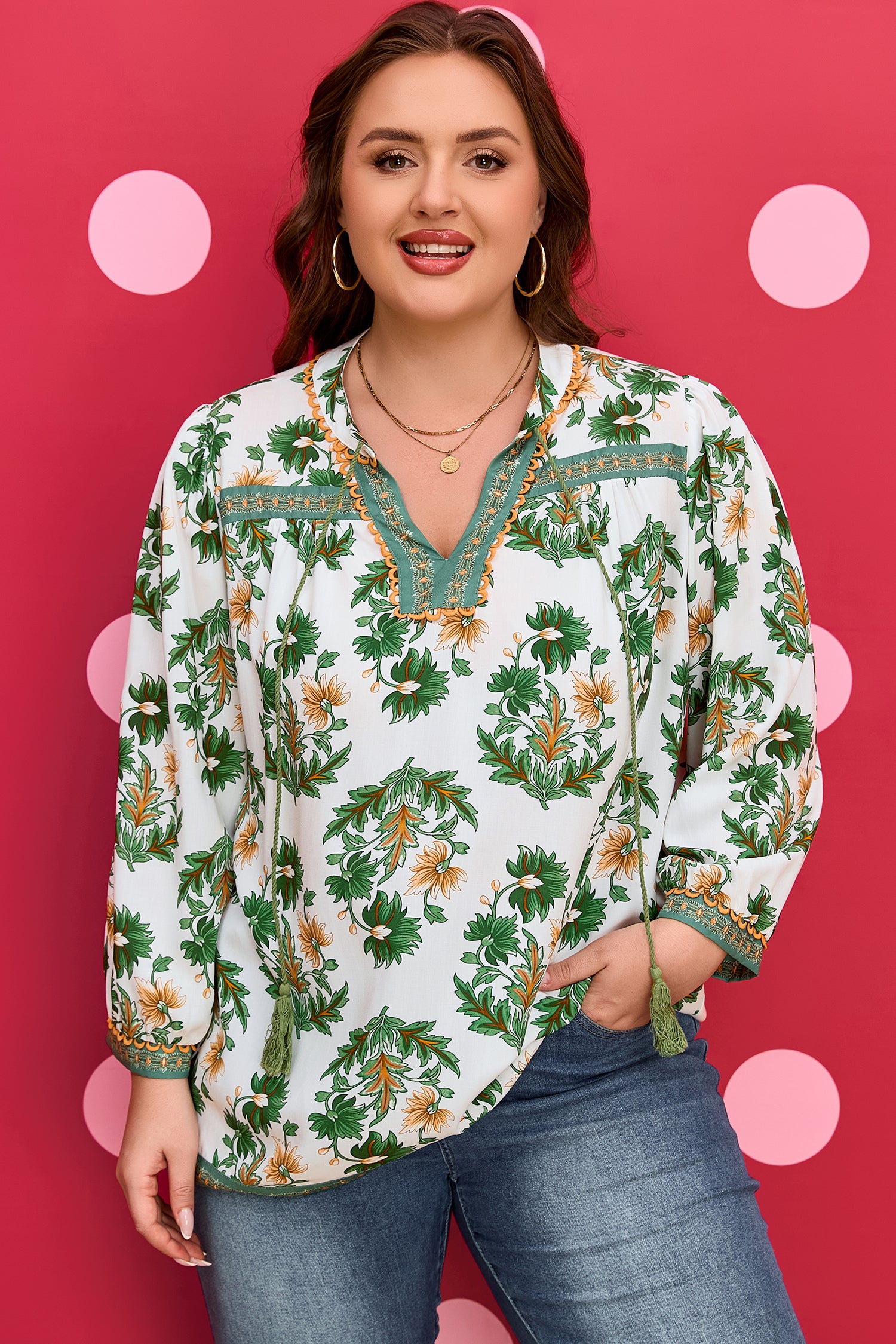 Green Plus Size Floral Printed Contrast Patchwork Detail Tassel Tie 3/4 Sleeve Blouse