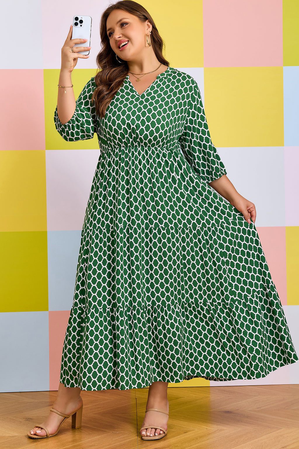 Green Plus Size Geometric Print Pocketed Ruffle Hem Casual Dress