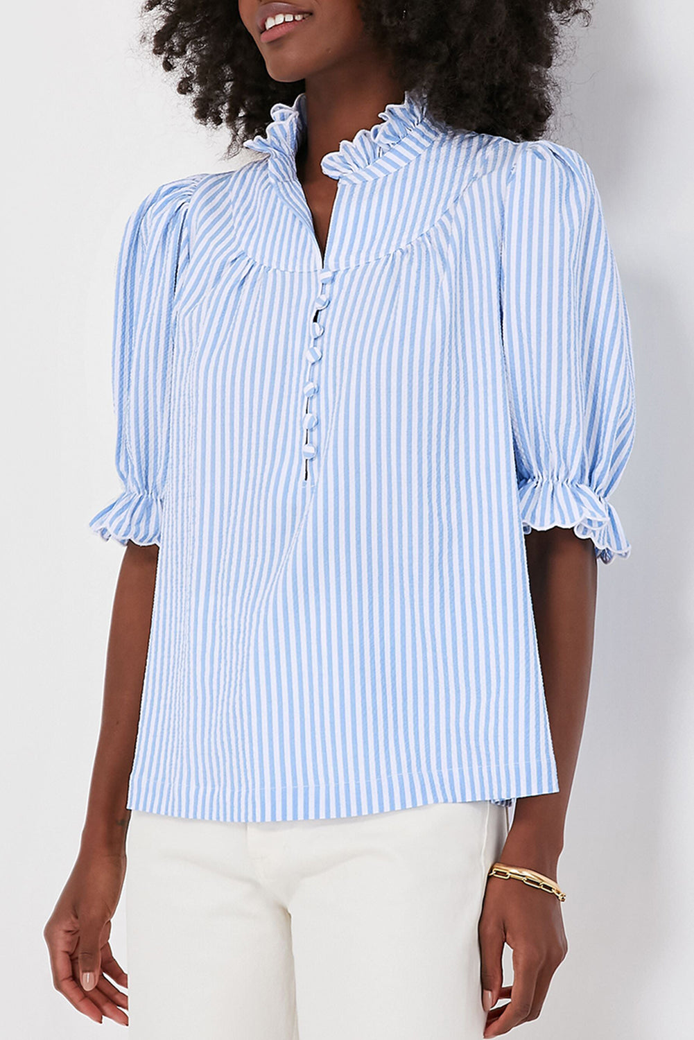 Sky Blue Stripe Ruffled Collar Puff Sleeve Half Buttons Blouse