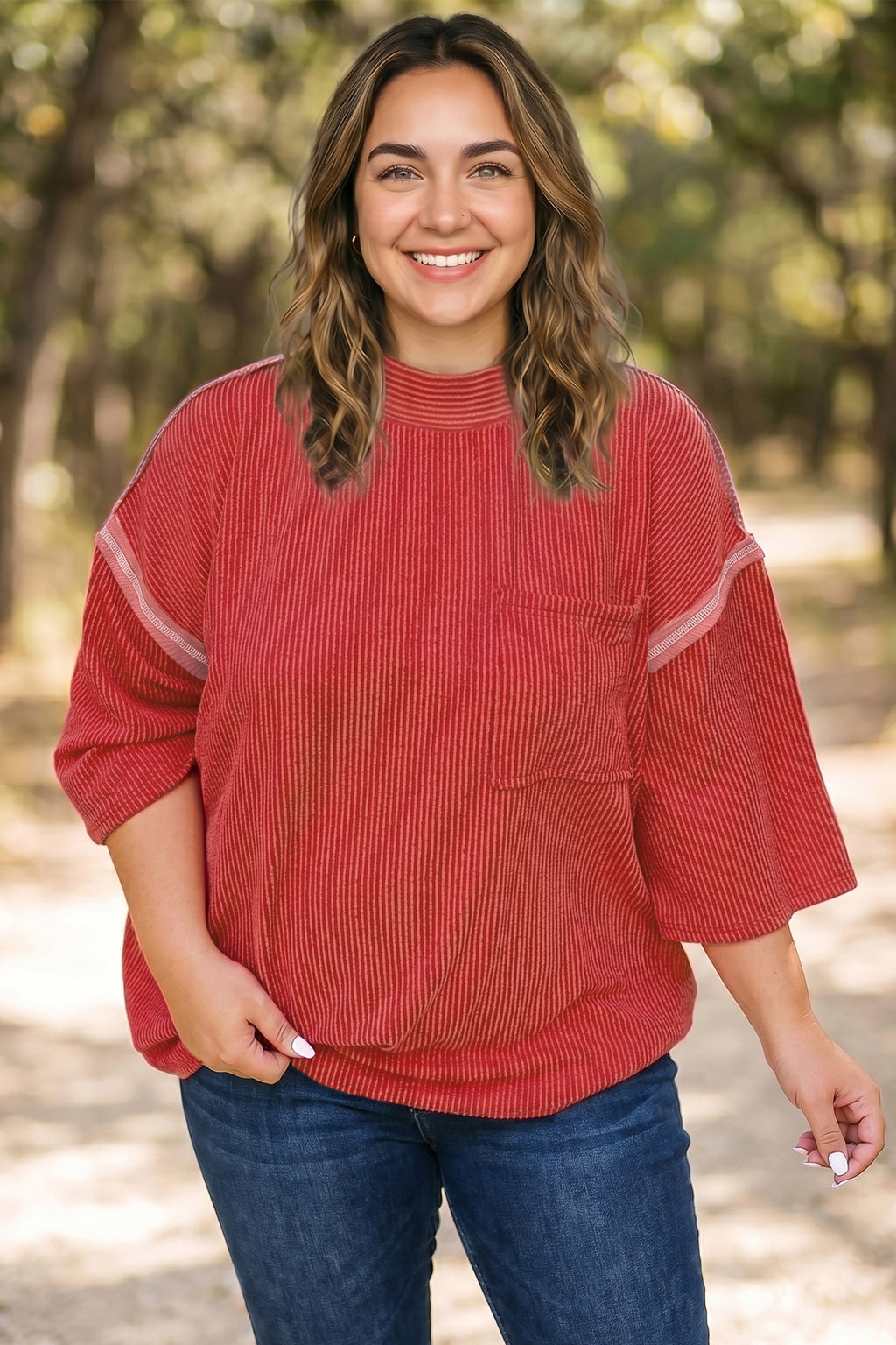 Fiery Red Twist Ribbed Tunic Round Neck Bracelet Sleeve Plus Size Blouse