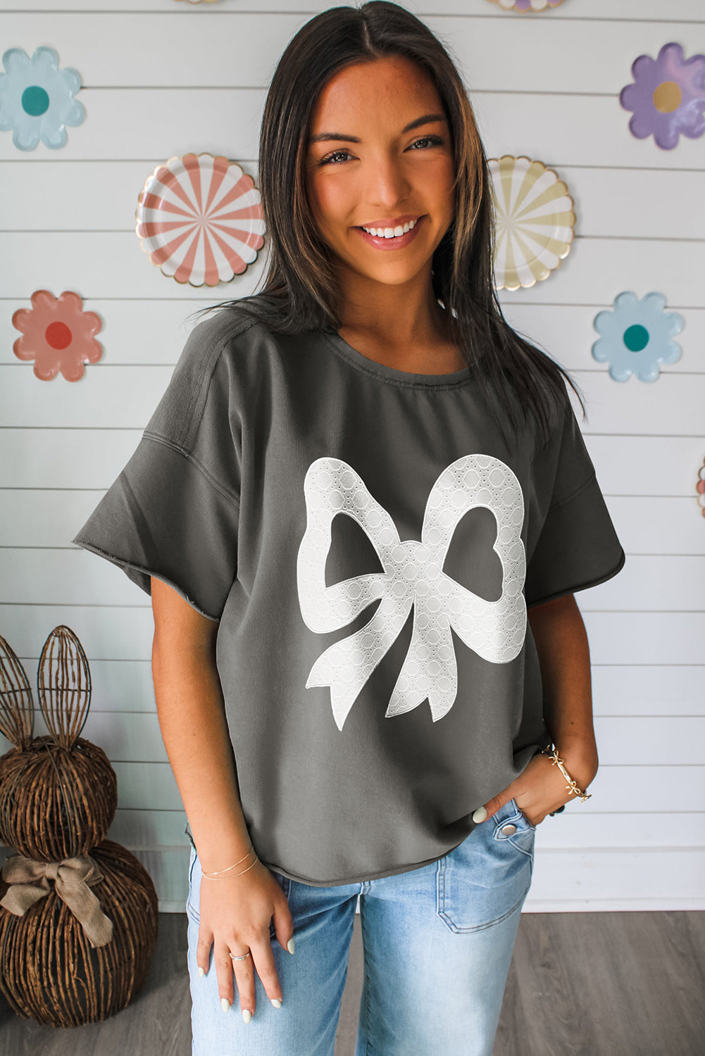 Medium Grey Lace Bow Raw Edge Drop Shoulder Casual T Shirt